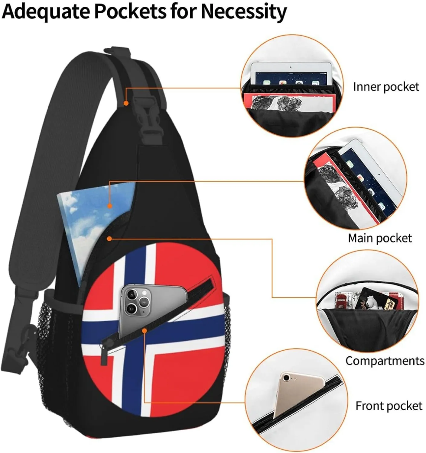 Norway Norwegian Flag Round Crossbody Bags Sling Backpack Cross Chest Bag Sports Shoulder Bag Gym Fanny Pack Adjustable Cycling Daypack Diagonally Rucksack for Running