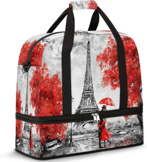 Oil Painting Paris France Eiffel Tower Foldable Travel Duffel Bag Tote Carry on Luggage Sport Duffle for Women Men Gym Bag Overnight Weekender Bags with Shoe Compartments and Shoulder Strap