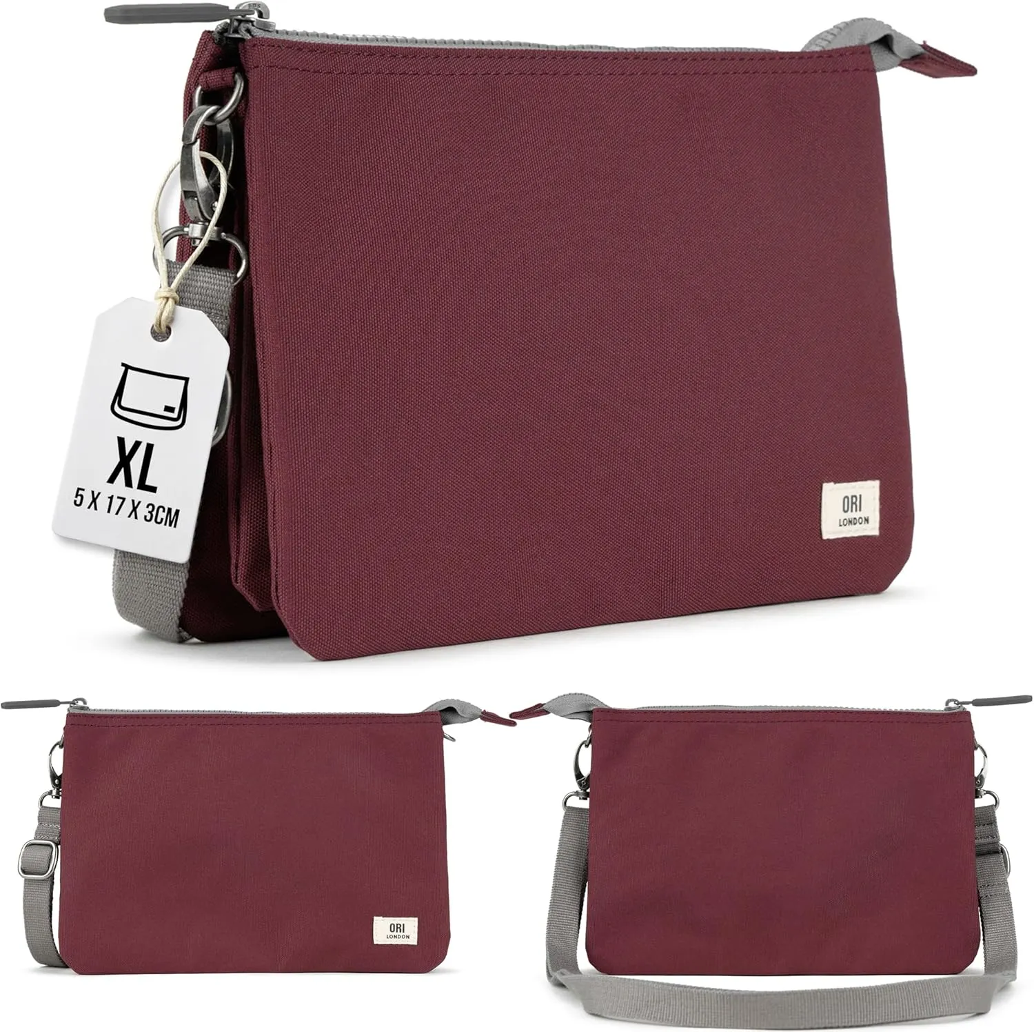ORI LONDON Crossbody Bag - XL Slim, Chunky Zip, Removable & Adjustable Strap, & 3 Compartments - Carnaby