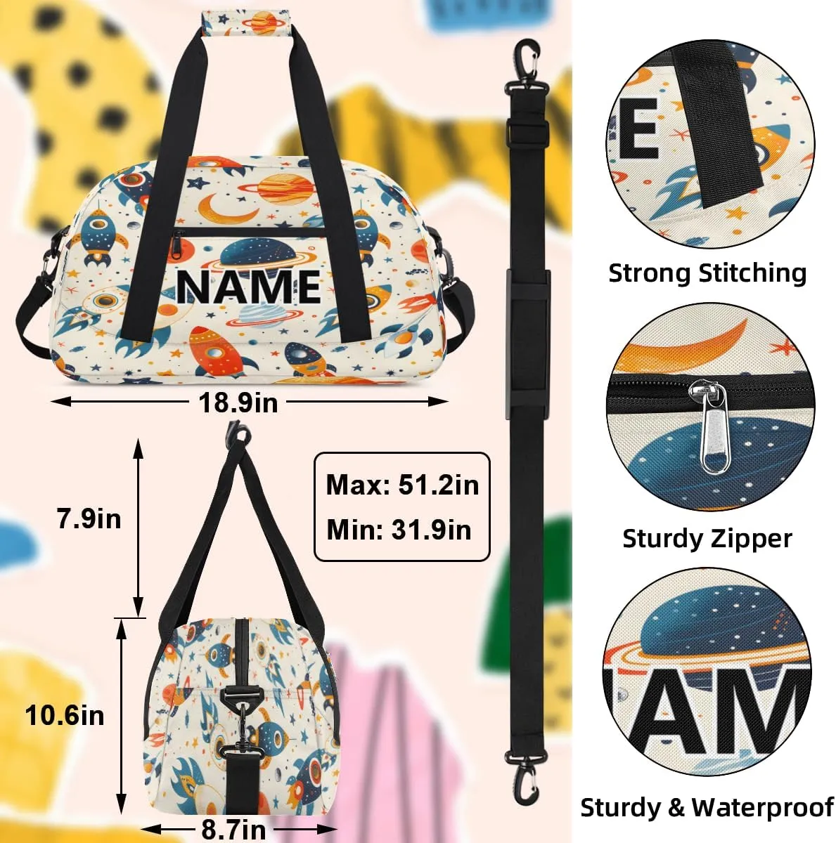 Outer Space Mini Gym Bag 18 inch for Women Men Waterproof Custom Solar System Universe Planet Travel Duffel Bag Carry On Overnight Tote Nurse Bag for Work Fitness Hiking
