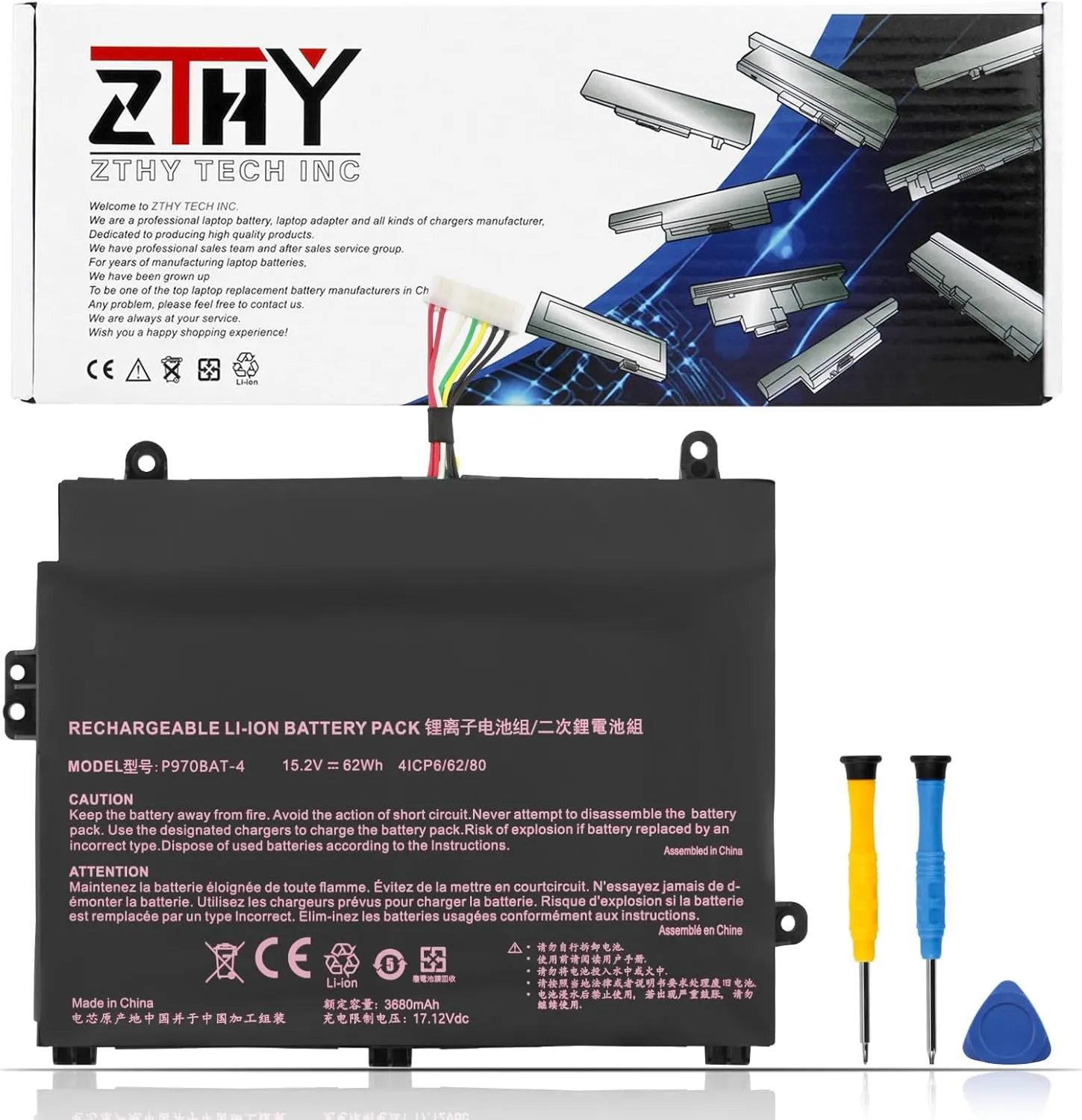 P970BAT-4 Laptop Battery Replacement for Schenker Key 16 17 Clevo P960 P960EN-K Medion Erazer X17801 Sager NP2950 NP2952 NP8955 NP8973 NP8978 Mifcom SG6/SG7 i7 RTX 2060 2070 P960RD P970RD 15.2V 62Wh