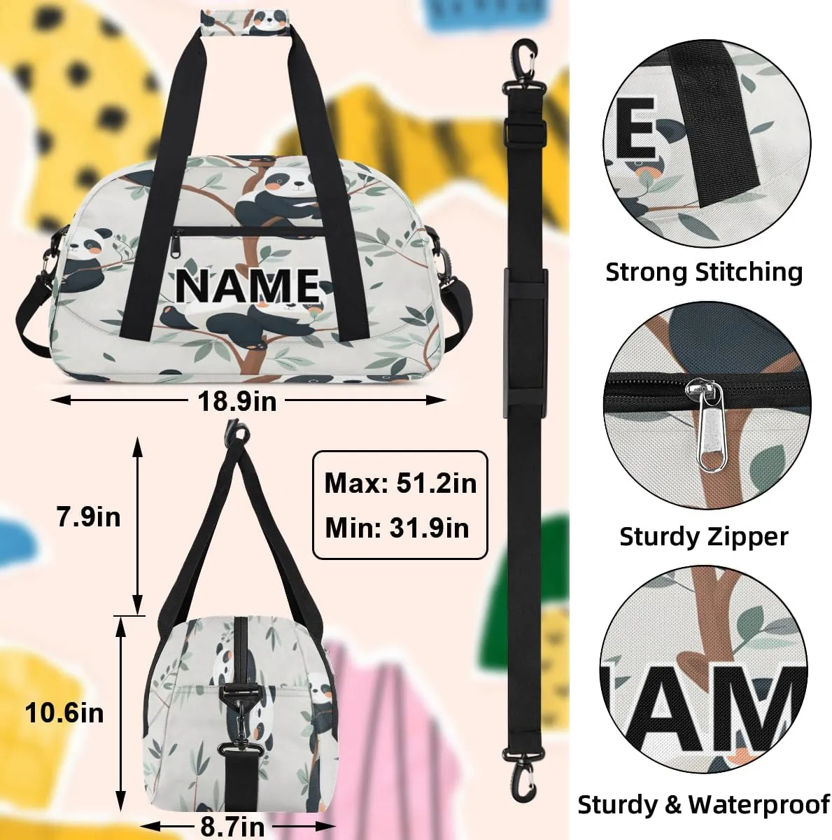 Panda Mini Gym Bag 18 inch for Women Men Waterproof Custom Cute Cartoon Panda Travel Duffel Bag Carry On Overnight Tote Nurse Bag for Work Fitness Hiking