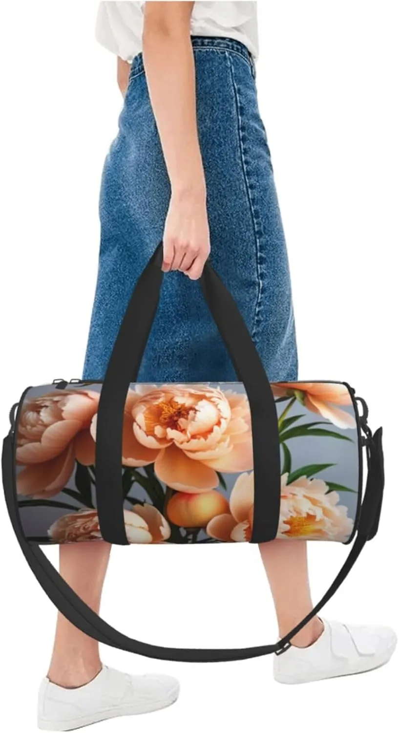 Peach Peony Printed Travel Bag,Round Personal Item Storage bag,Foldie Duffel Bag for Traveling Vacation,Fitness,Sports