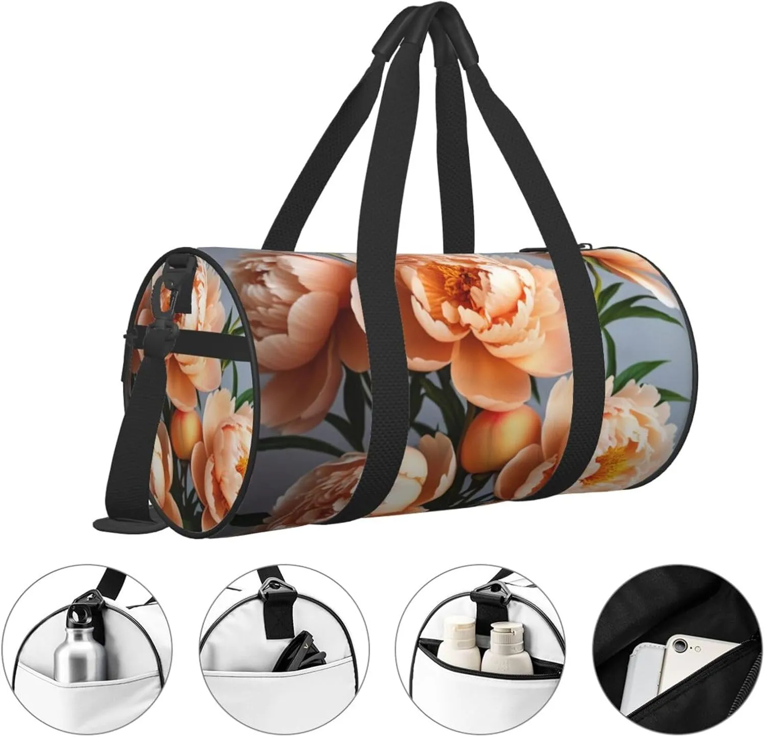 Peach Peony Printed Travel Bag,Round Personal Item Storage bag,Foldie Duffel Bag for Traveling Vacation,Fitness,Sports