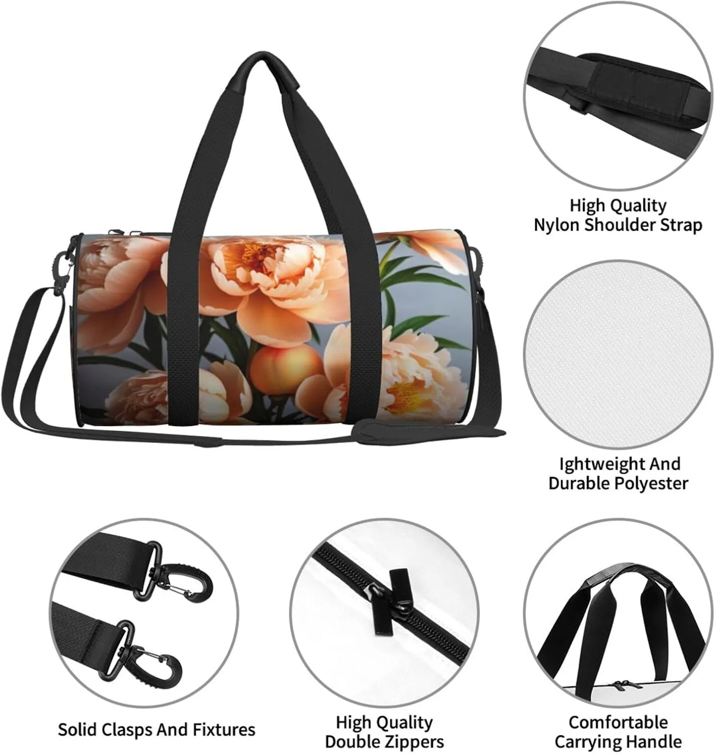 Peach Peony Printed Travel Bag,Round Personal Item Storage bag,Foldie Duffel Bag for Traveling Vacation,Fitness,Sports