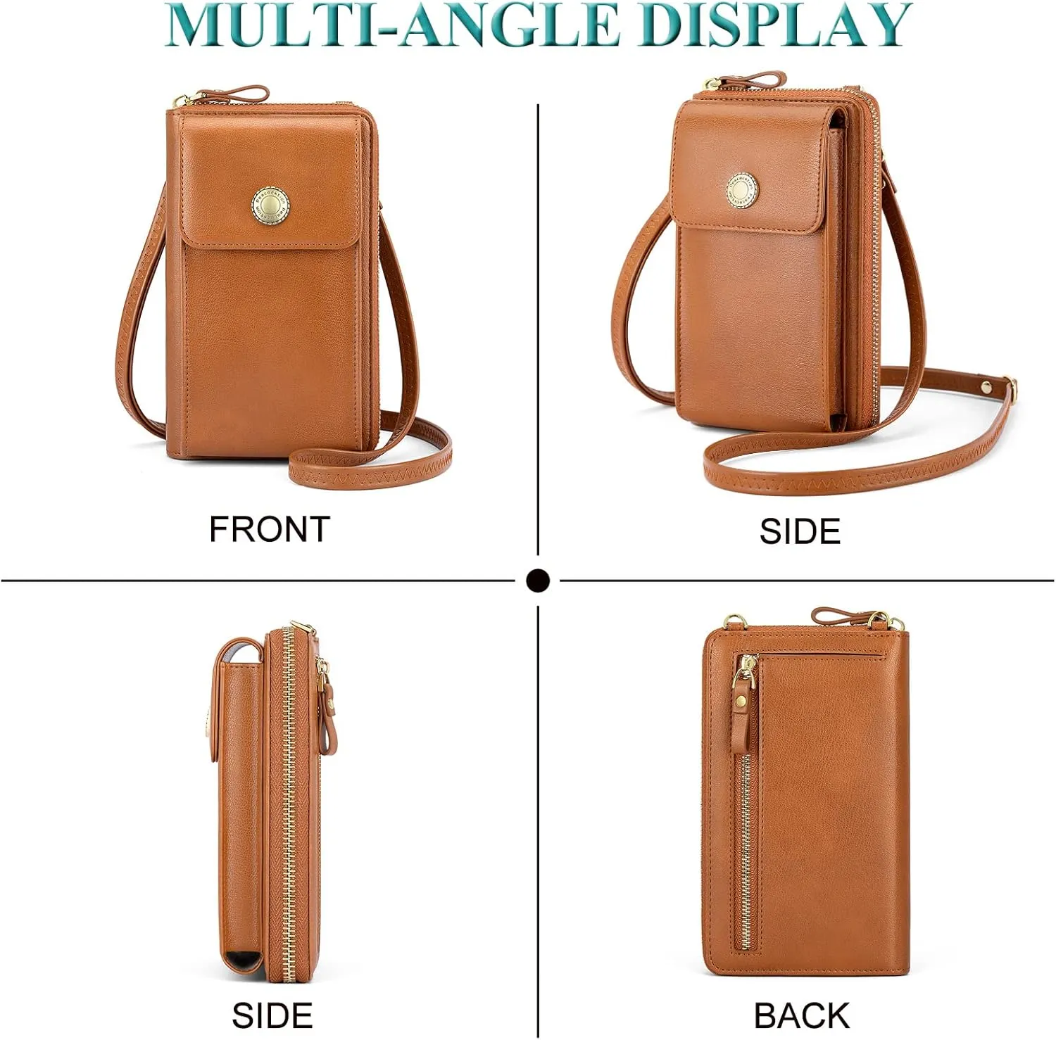 Peacocktion Black Small Crossbody Bags for Women, RFID Leather Cell Phone Purses Wallet, Trendy Crossbody Purses with Zipper