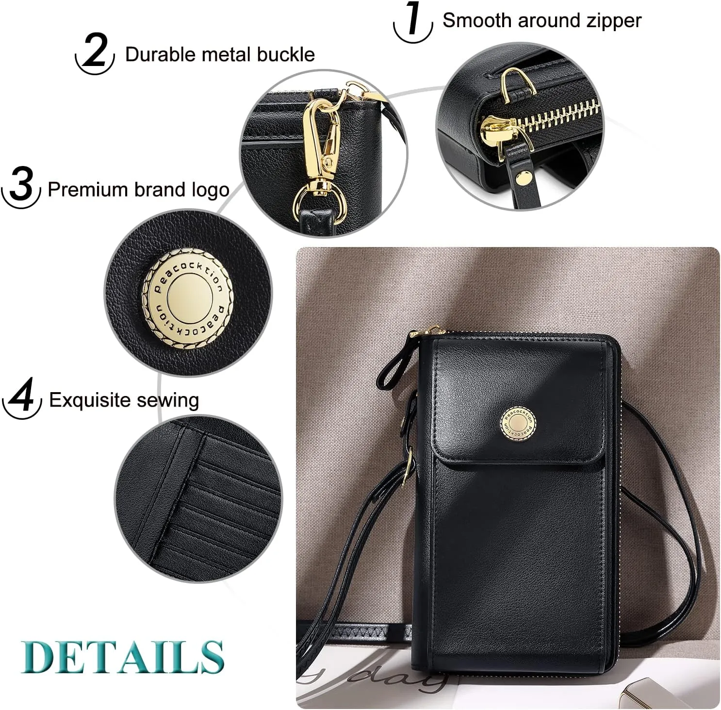 Peacocktion Black Small Crossbody Bags for Women, RFID Leather Cell Phone Purses Wallet, Trendy Crossbody Purses with Zipper