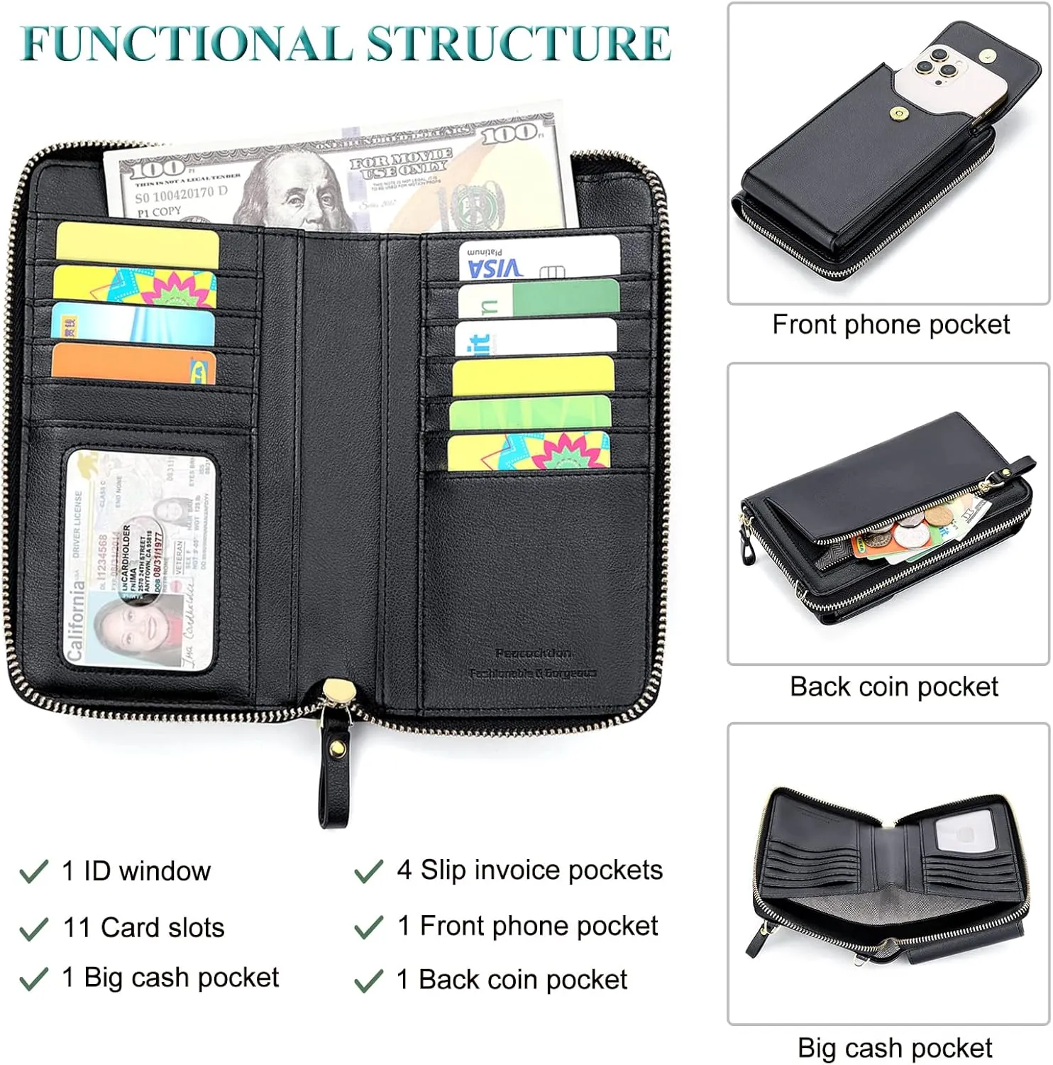 Peacocktion Black Small Crossbody Bags for Women, RFID Leather Cell Phone Purses Wallet, Trendy Crossbody Purses with Zipper
