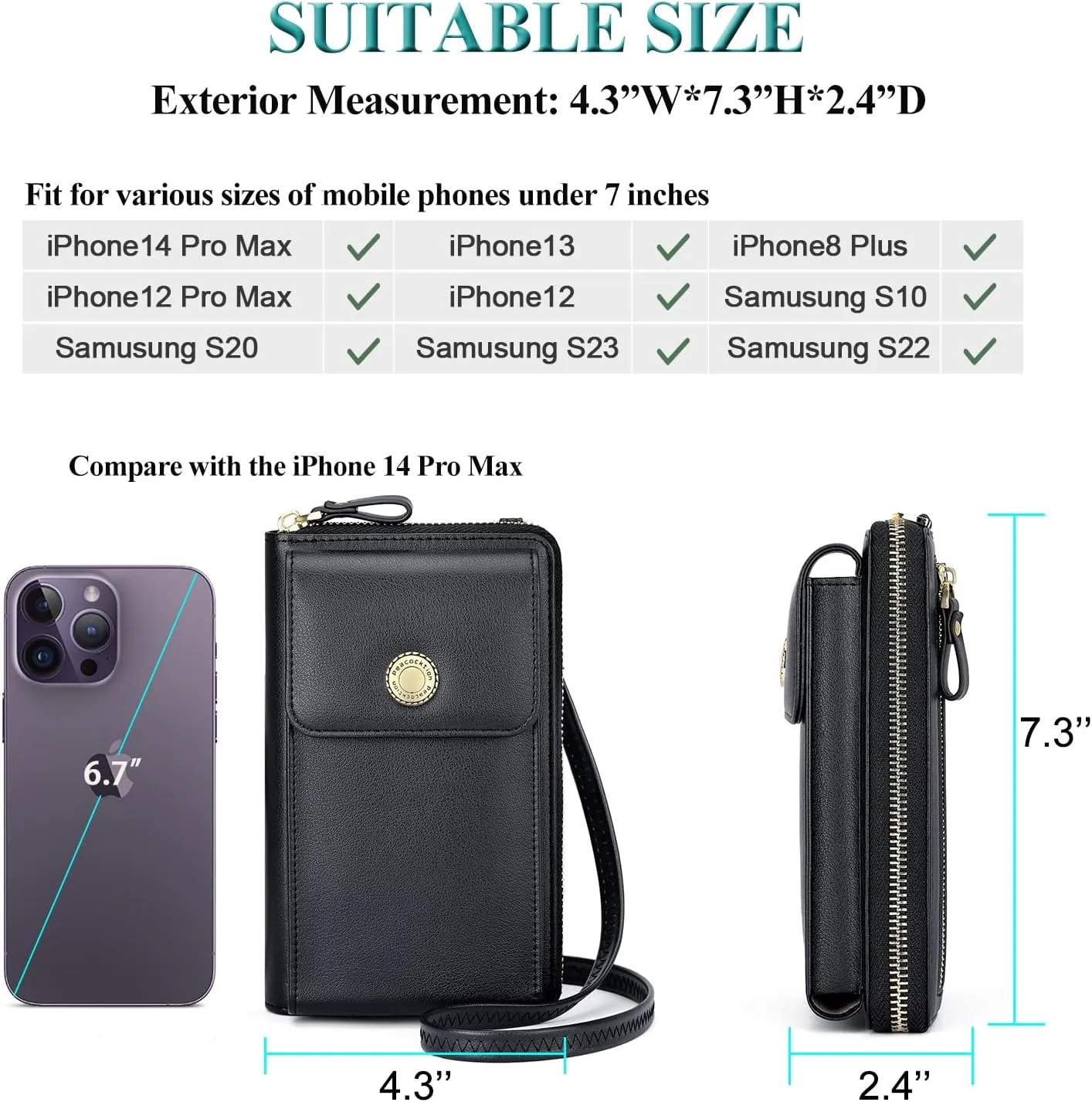 Peacocktion Black Small Crossbody Bags for Women, RFID Leather Cell Phone Purses Wallet, Trendy Crossbody Purses with Zipper