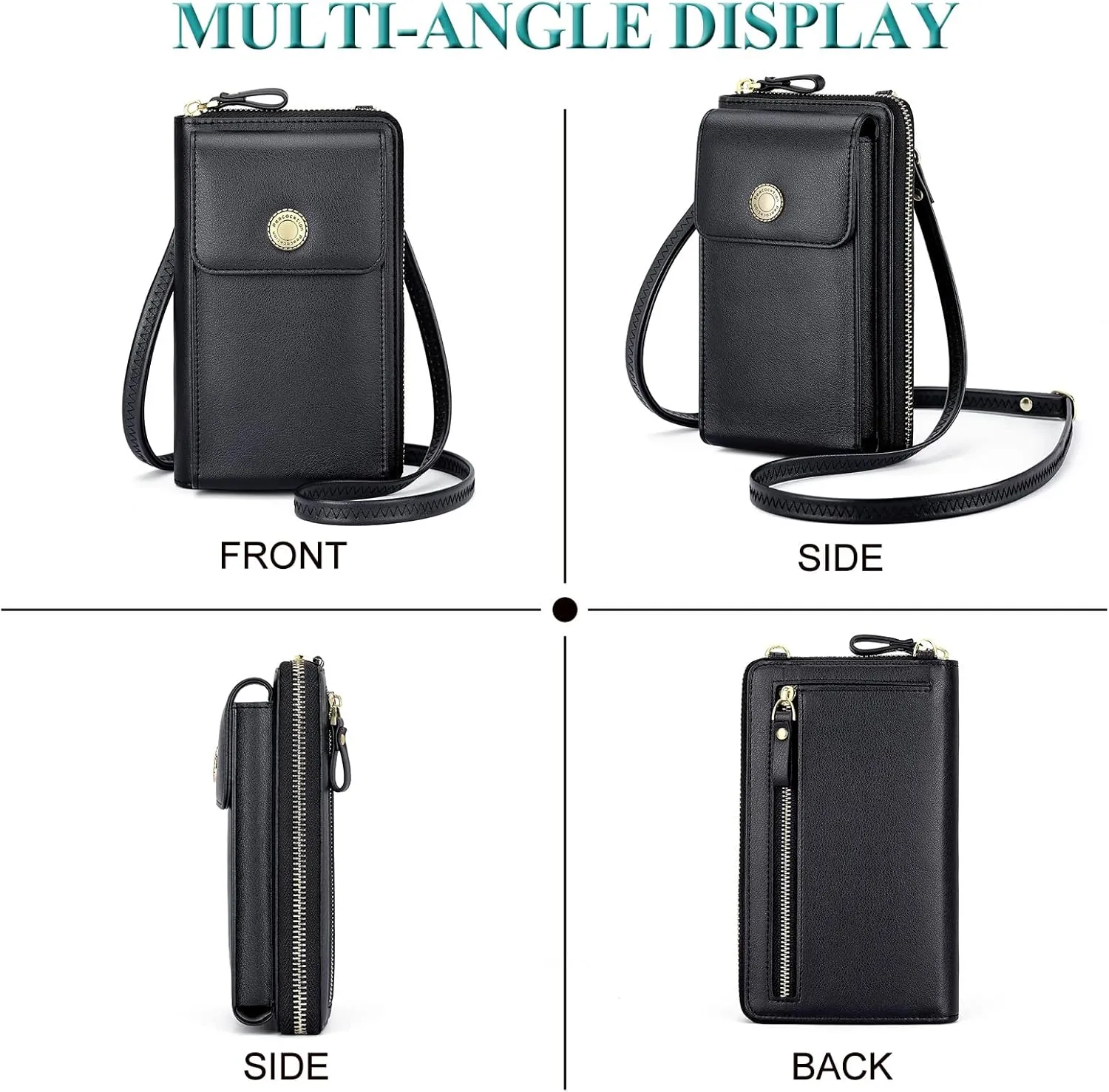 Peacocktion Black Small Crossbody Bags for Women, RFID Leather Cell Phone Purses Wallet, Trendy Crossbody Purses with Zipper