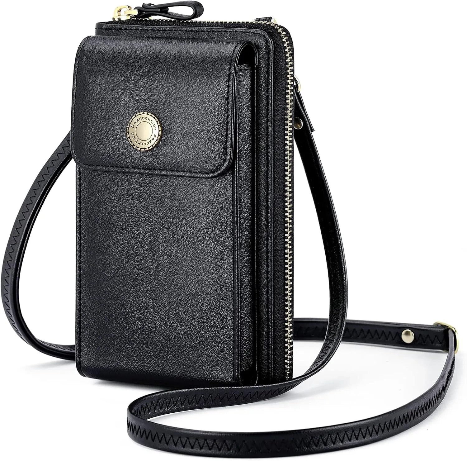 Peacocktion Black Small Crossbody Bags for Women, RFID Leather Cell Phone Purses Wallet, Trendy Crossbody Purses with Zipper