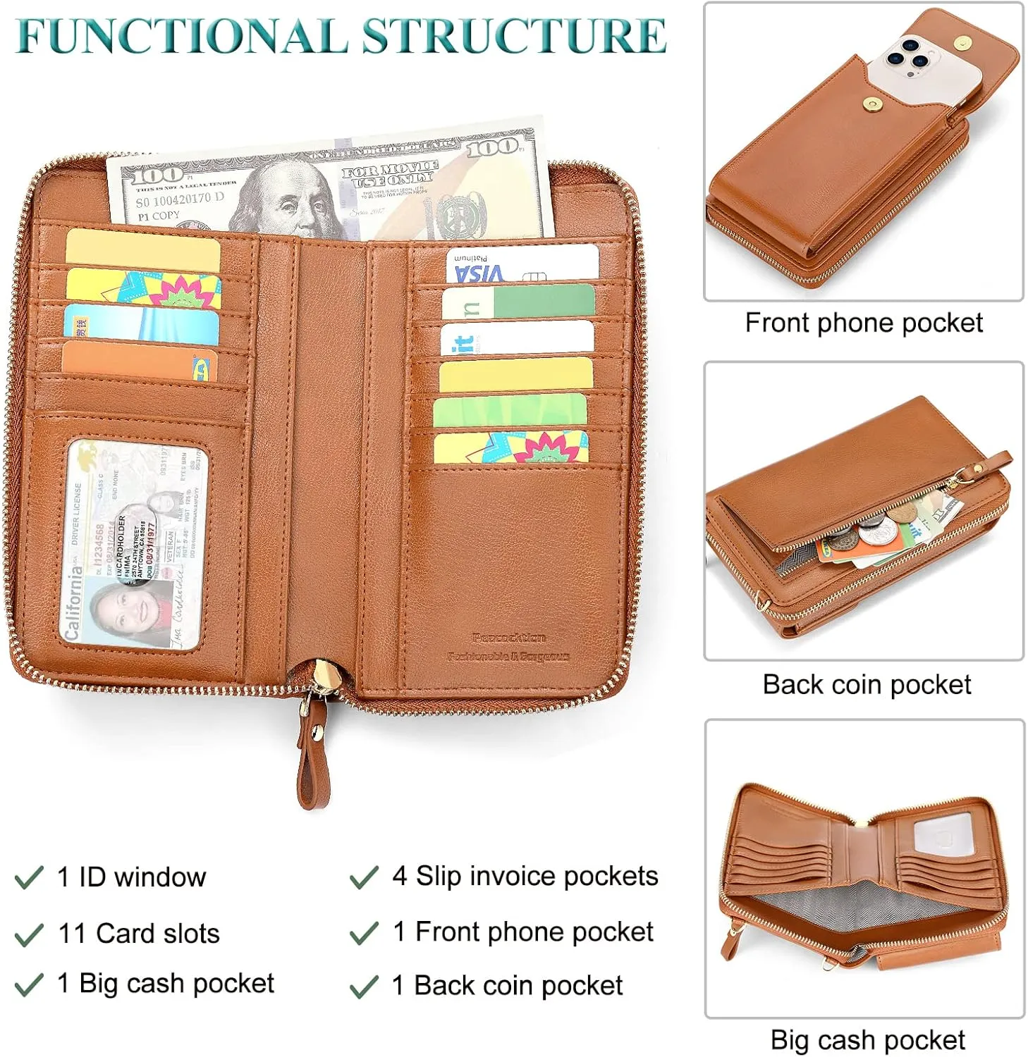 Peacocktion Black Small Crossbody Bags for Women, RFID Leather Cell Phone Purses Wallet, Trendy Crossbody Purses with Zipper