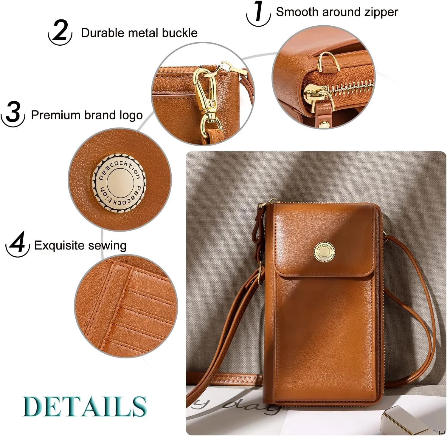Peacocktion Black Small Crossbody Bags for Women, RFID Leather Cell Phone Purses Wallet, Trendy Crossbody Purses with Zipper