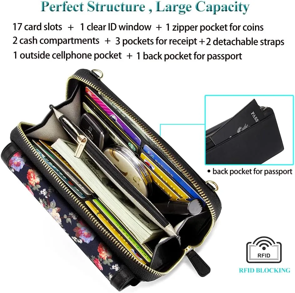 Peacocktion Crossbody Wristlet Wallets for Women RFID Vegan Leather Cross Body Cell Phone Purses with Zipper