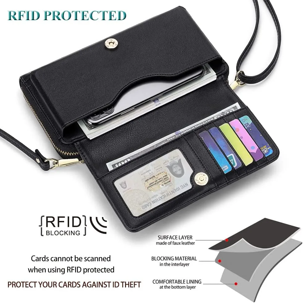 Peacocktion Crossbody Wristlet Wallets for Women RFID Vegan Leather Cross Body Cell Phone Purses with Zipper
