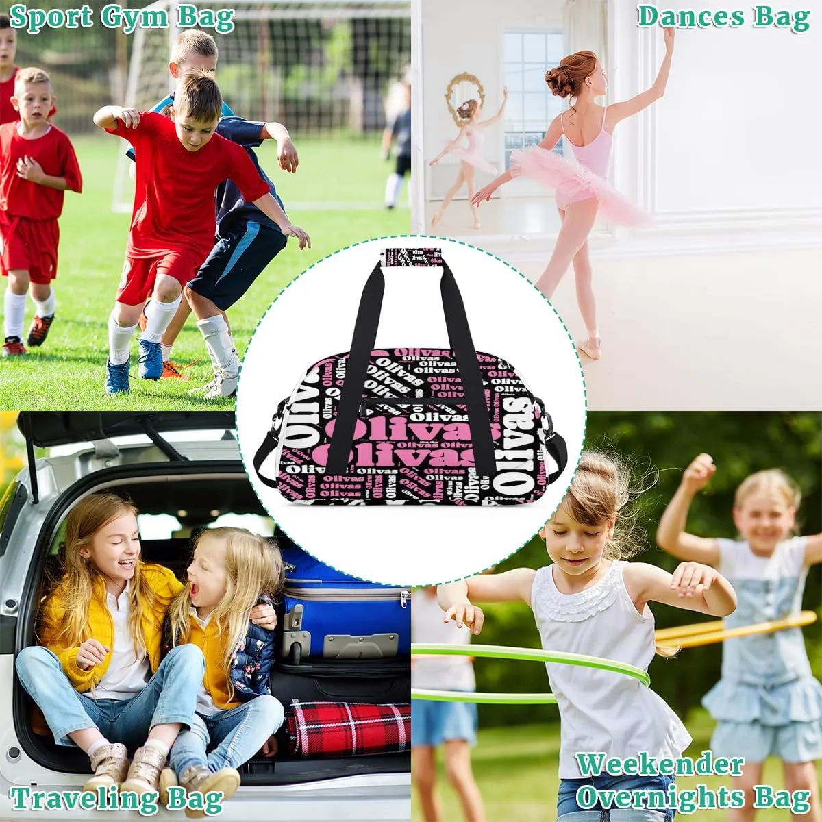 Personalized Dance Bag Gymnastics Bag for Girl, Custom Sport Duffel Bag for Boy, Kids Gym Bag Weekender Bags for Travel Sport Pink White Text