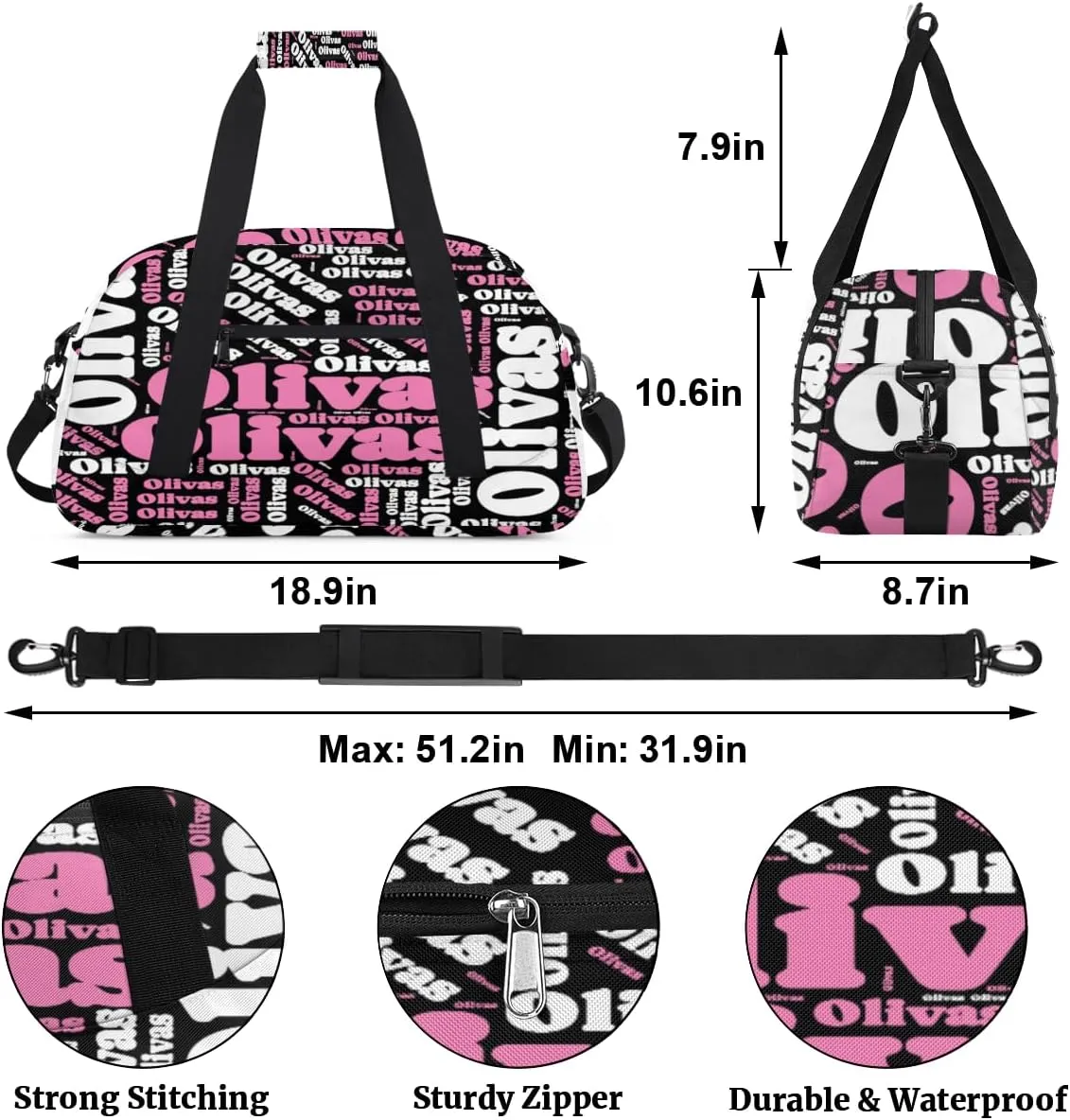 Personalized Dance Bag Gymnastics Bag for Girl, Custom Sport Duffel Bag for Boy, Kids Gym Bag Weekender Bags for Travel Sport Pink White Text