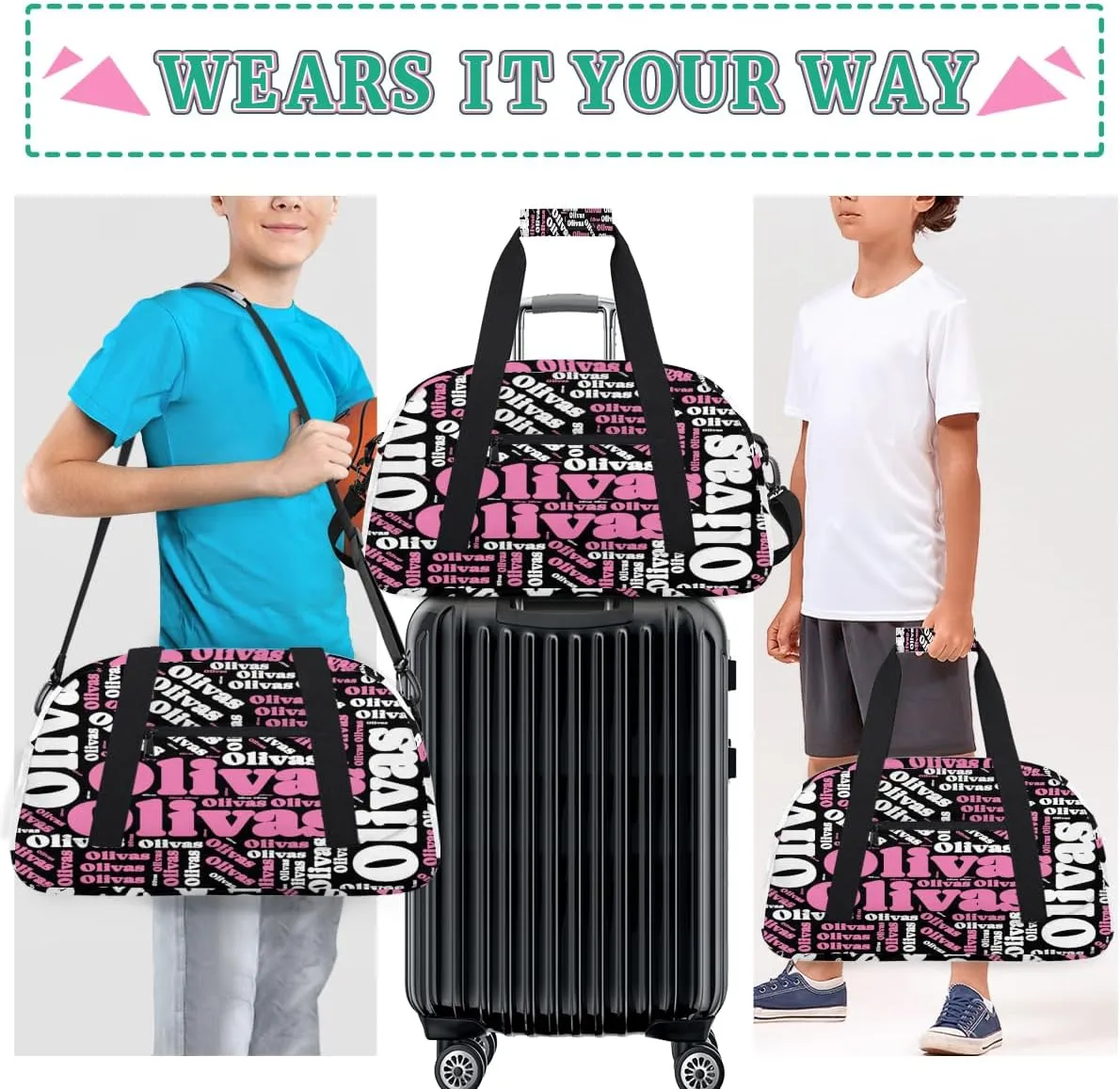 Personalized Dance Bag Gymnastics Bag for Girl, Custom Sport Duffel Bag for Boy, Kids Gym Bag Weekender Bags for Travel Sport Pink White Text