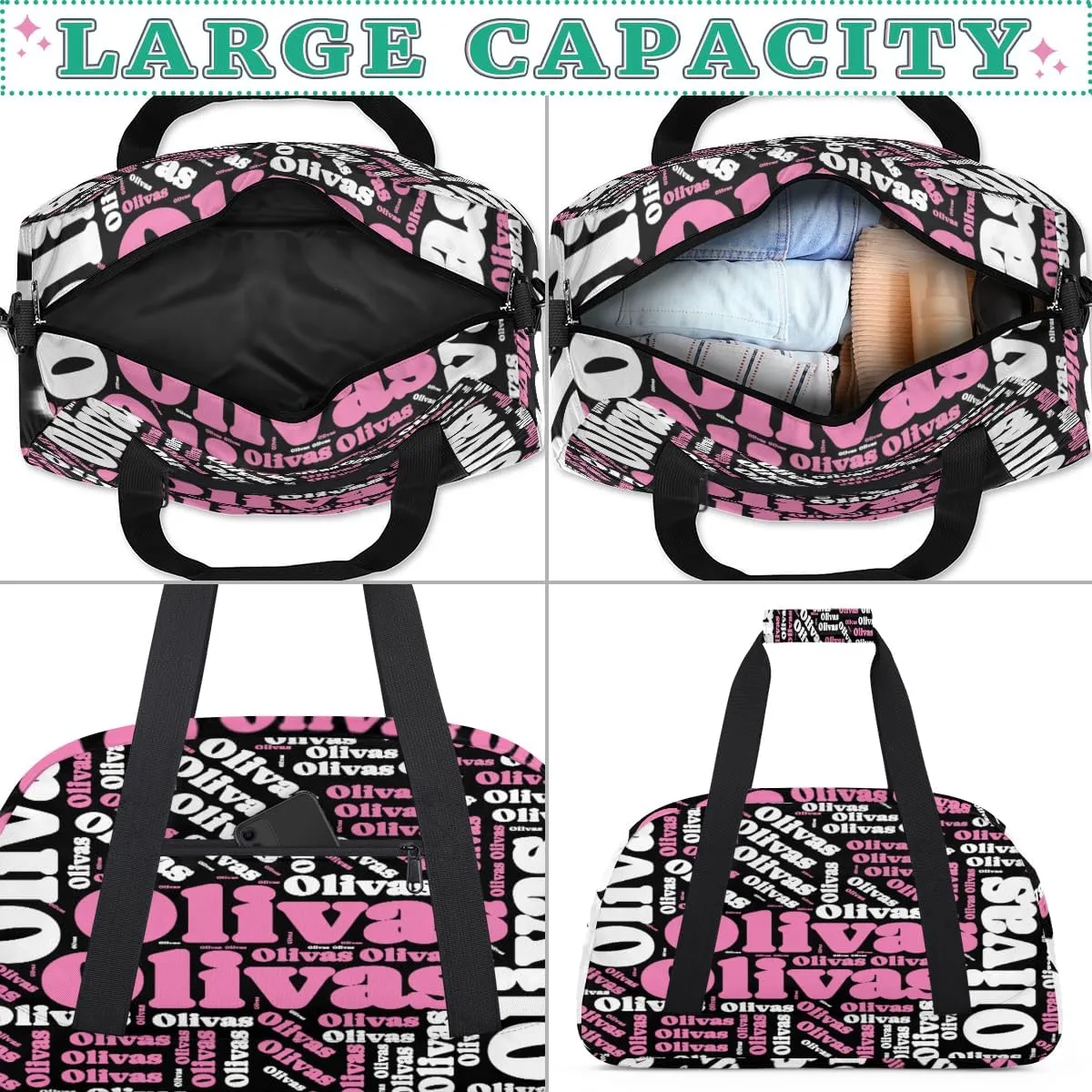 Personalized Dance Bag Gymnastics Bag for Girl, Custom Sport Duffel Bag for Boy, Kids Gym Bag Weekender Bags for Travel Sport Pink White Text