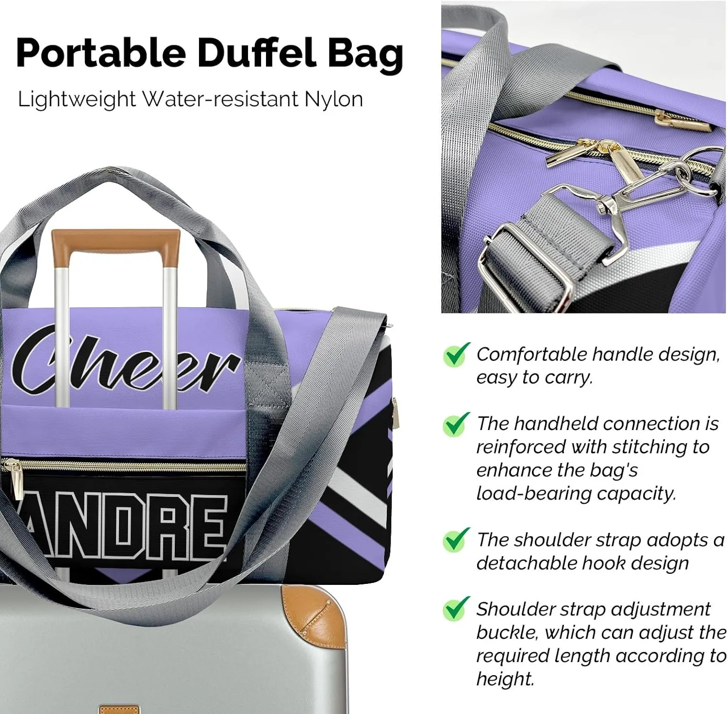 Personalized Gym Duffel Bag Light Purple Cheer Customized Dance Bag with Name Travel Bag for Women Men Weekend with Shoe Compartment