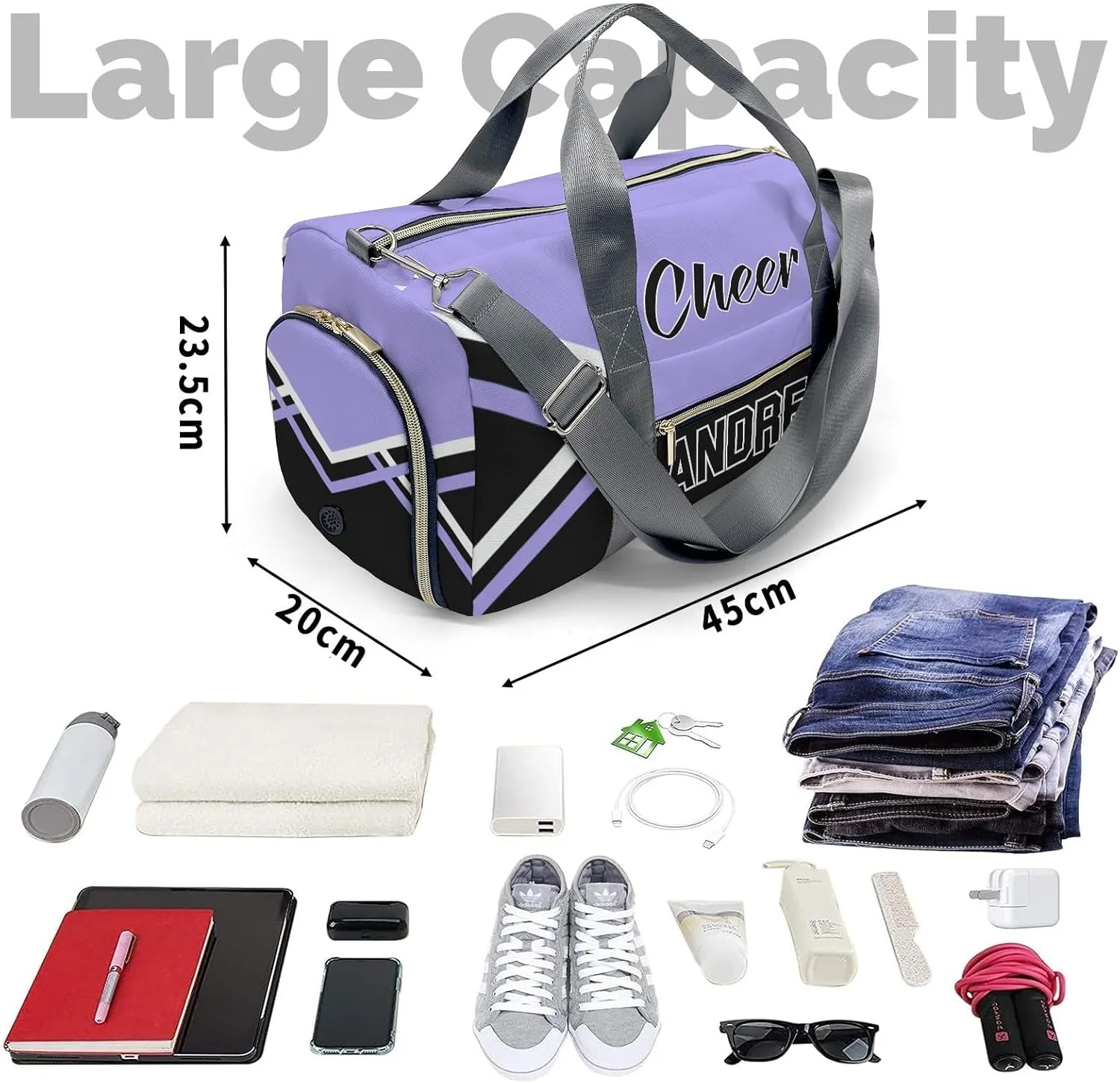 Personalized Gym Duffel Bag Light Purple Cheer Customized Dance Bag with Name Travel Bag for Women Men Weekend with Shoe Compartment