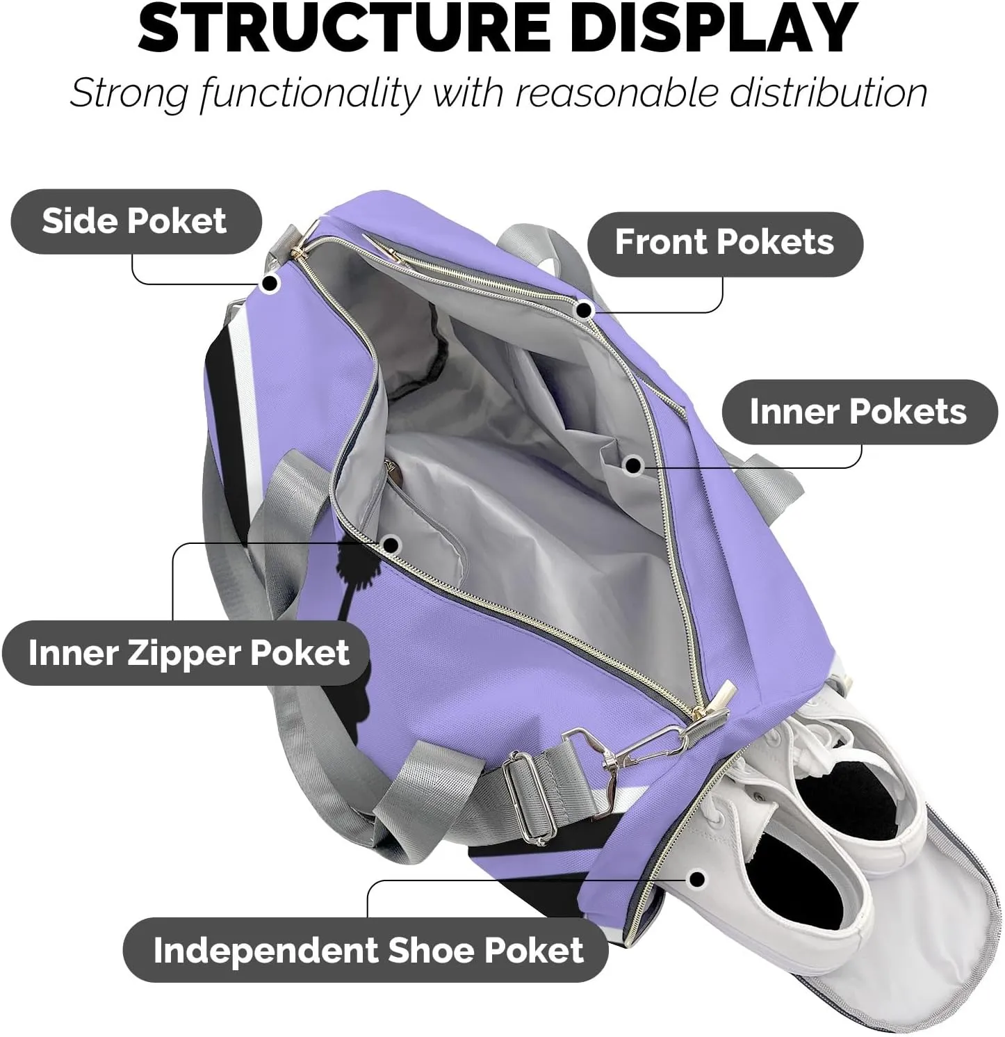 Personalized Gym Duffel Bag Light Purple Cheer Customized Dance Bag with Name Travel Bag for Women Men Weekend with Shoe Compartment