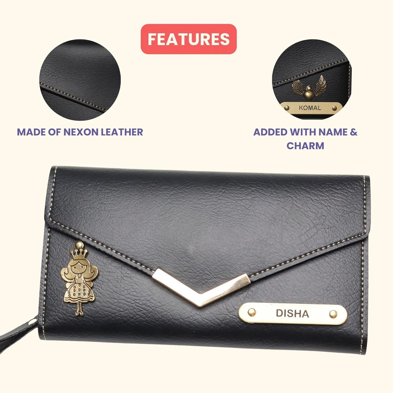 Personalized Lady Wallet | Customized Ladies Pure with Name & Charm | Gift Purse for Women & Girls Customized Women's Wallet, Black, Classic