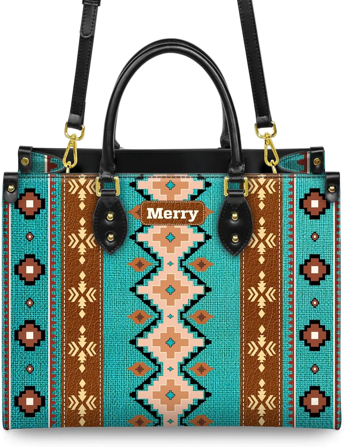 Personalized Leather Handbag for Women – Custom Boho Aztec Purse, Detachable Strap, Mother’s Day Gift