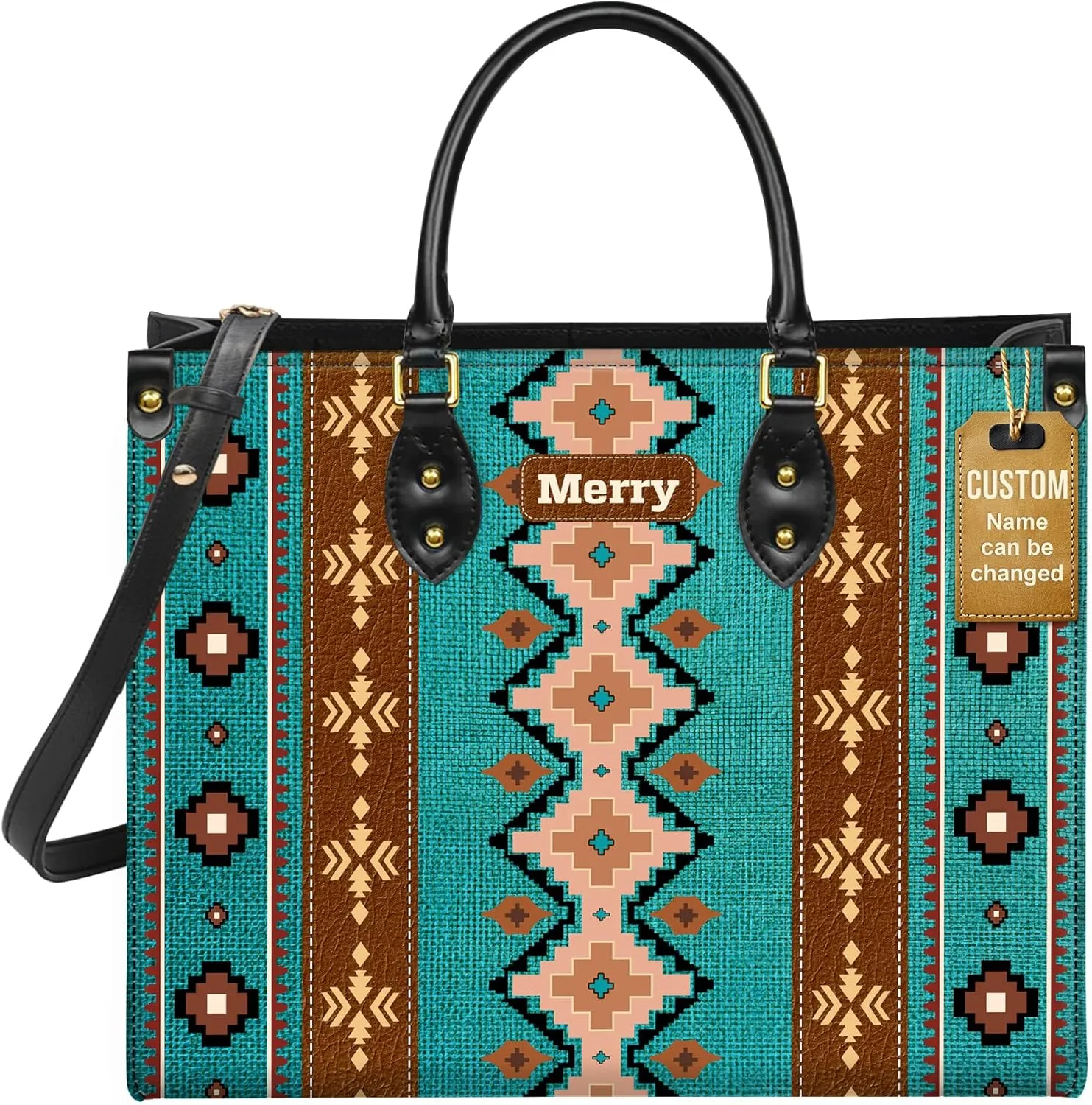 Personalized Leather Handbag for Women – Custom Boho Aztec Purse, Detachable Strap, Mother’s Day Gift
