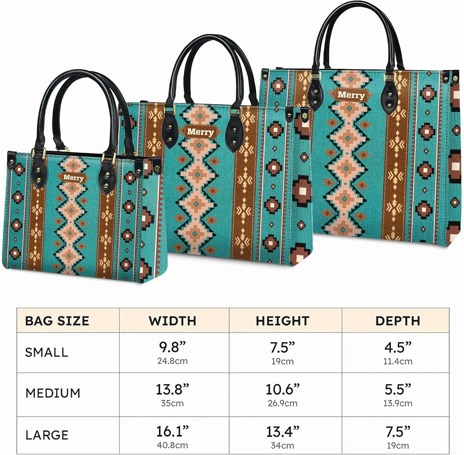 Personalized Leather Handbag for Women – Custom Boho Aztec Purse, Detachable Strap, Mother’s Day Gift