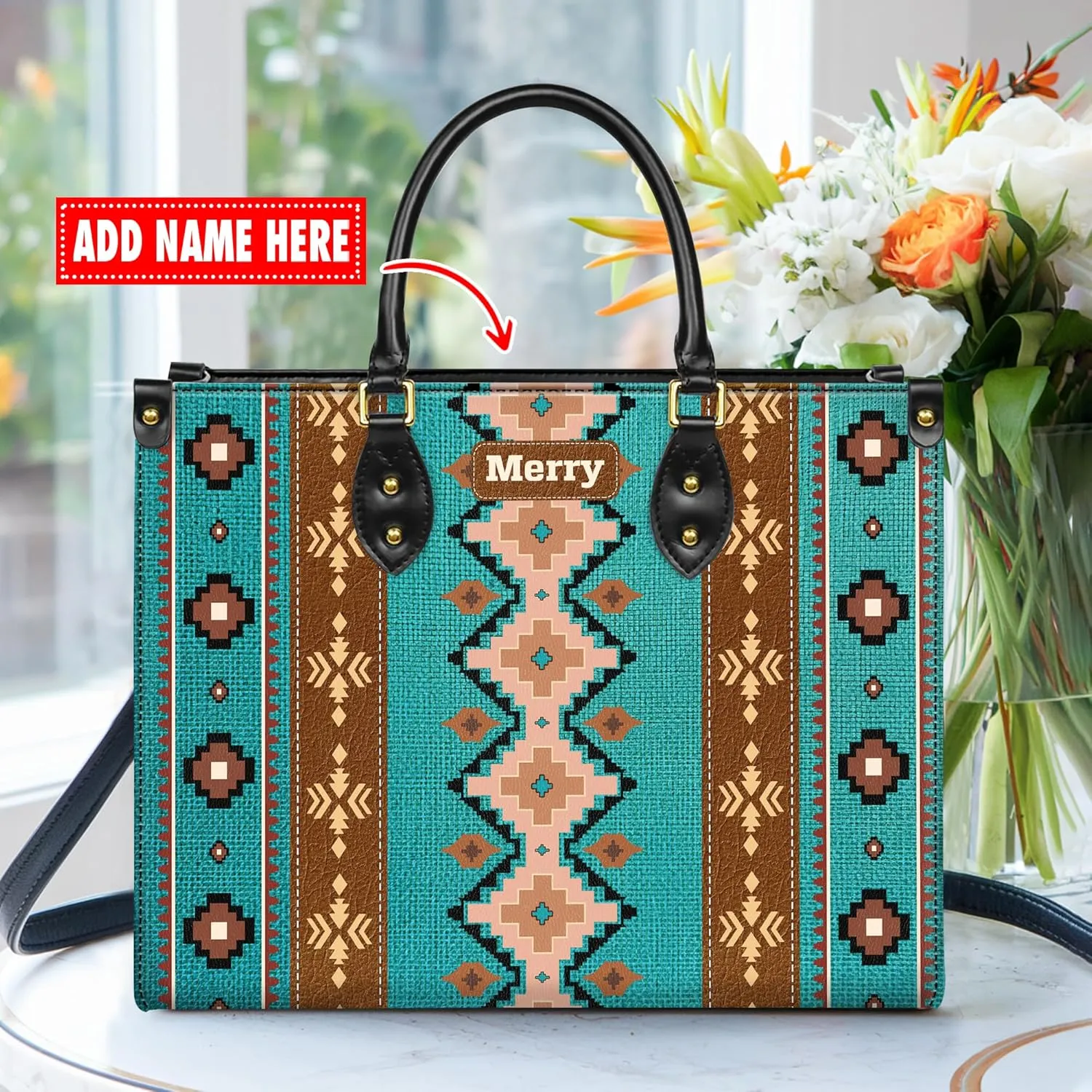 Personalized Leather Handbag for Women – Custom Boho Aztec Purse, Detachable Strap, Mother’s Day Gift
