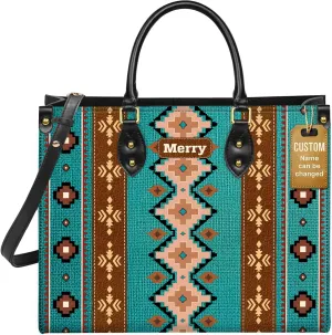 Personalized Leather Handbag for Women – Custom Boho Aztec Purse, Detachable Strap, Mother’s Day Gift