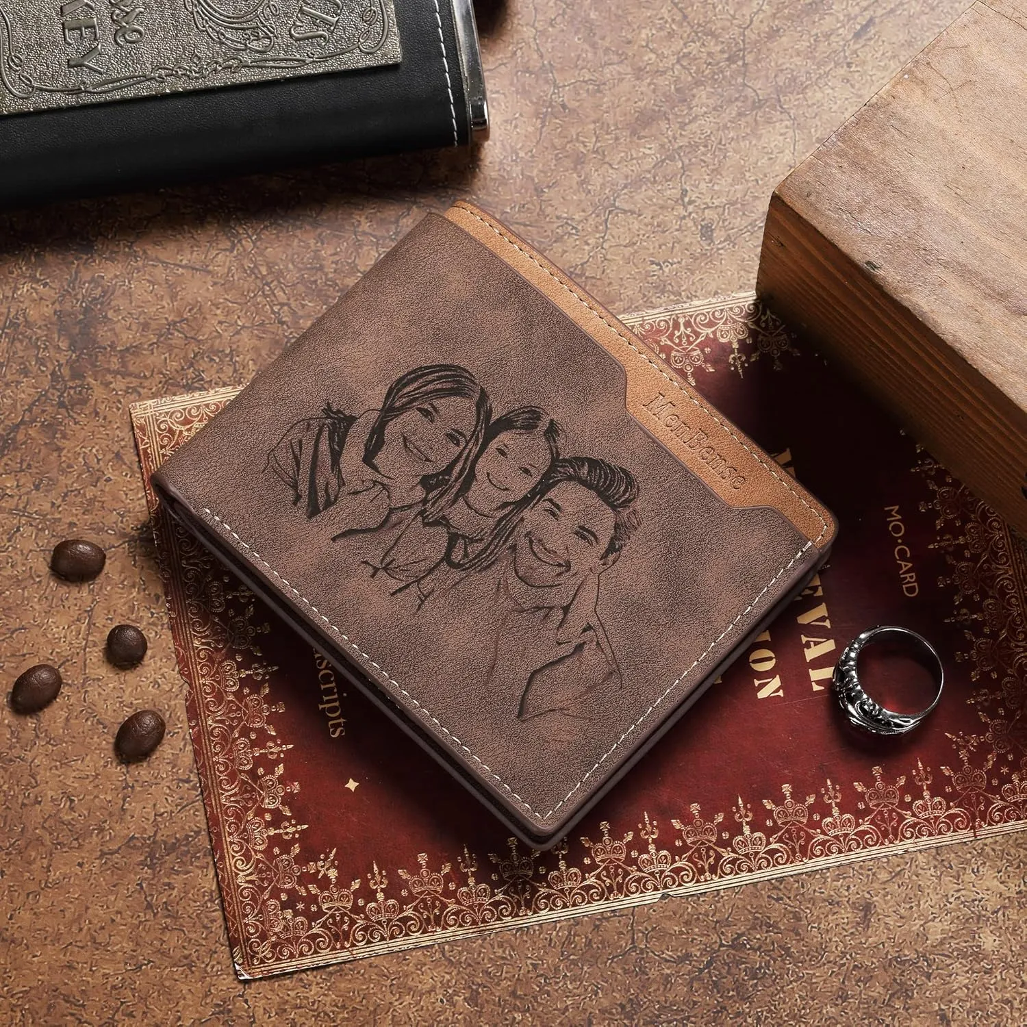 Personalized Photo & Name Initials Wallet for Men, Customized Gifts for Husband BF Dad Son Family Groomsmen Friend, Birthday Anniversary Father's Day Christmas Gifts