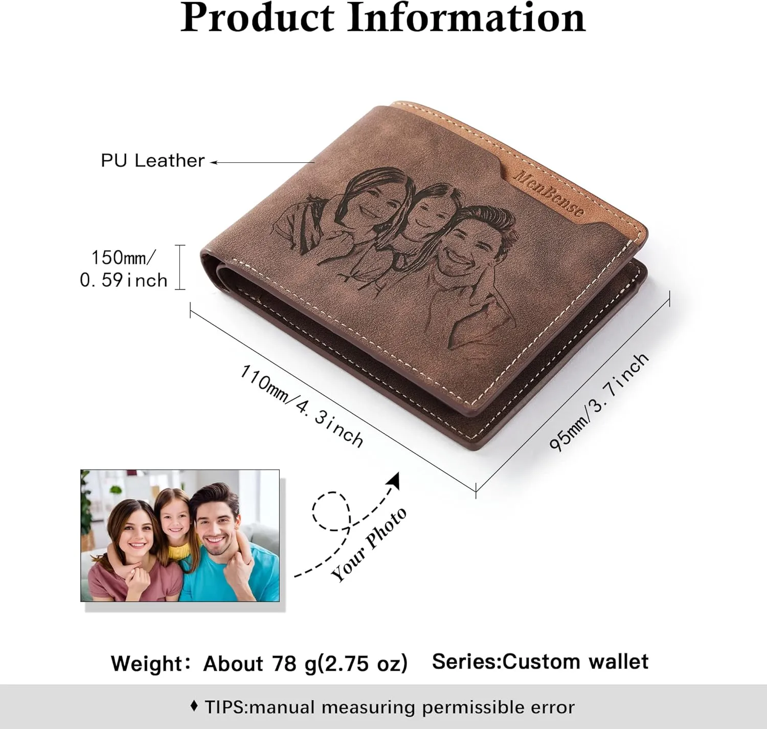 Personalized Photo & Name Initials Wallet for Men, Customized Gifts for Husband BF Dad Son Family Groomsmen Friend, Birthday Anniversary Father's Day Christmas Gifts