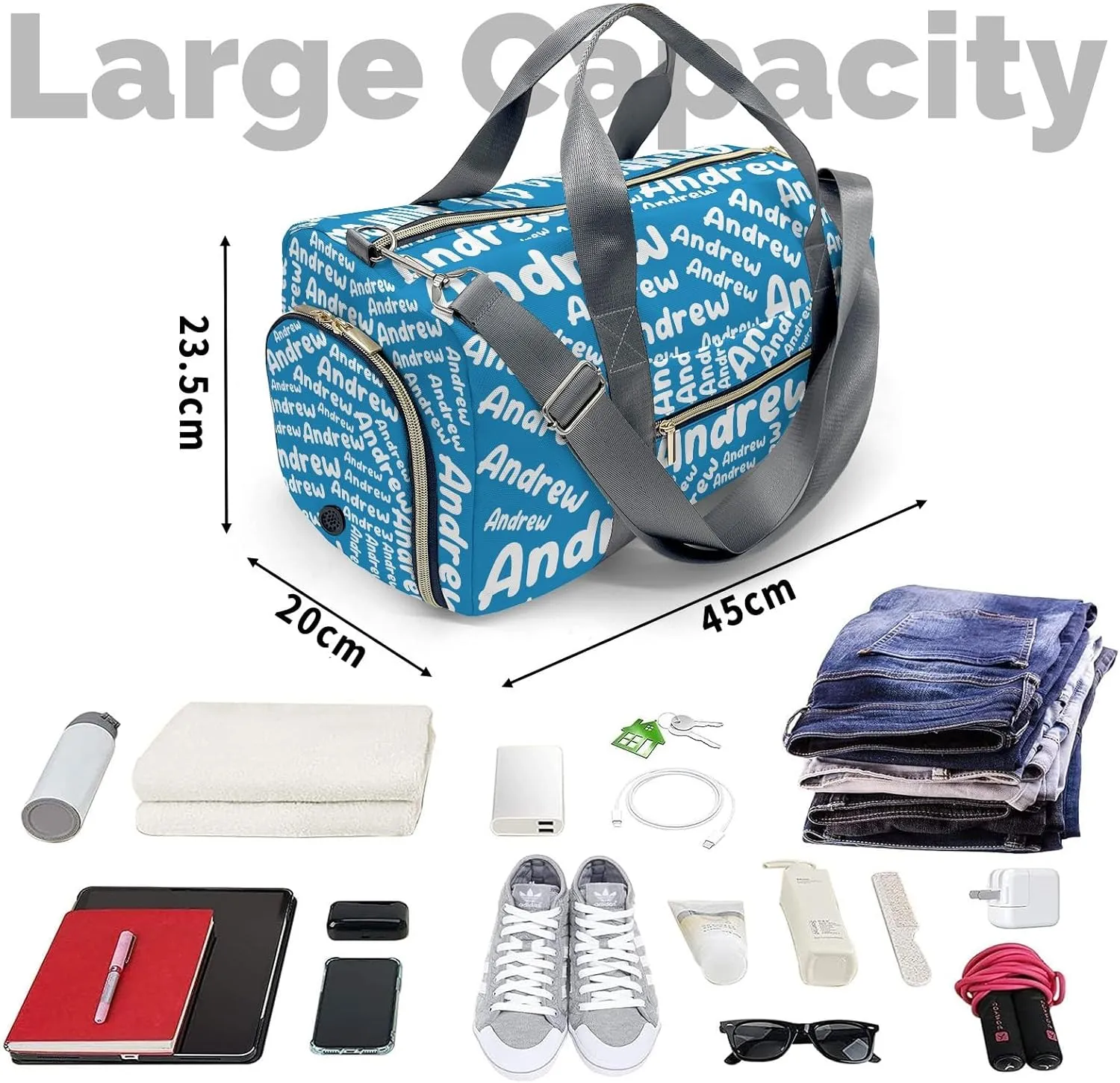 Personalized Sports Gym Bag Weekender Overnight Bags Light Blue Customized Travel Duffel Bag with Name Waterproof Luggage Bag for Women