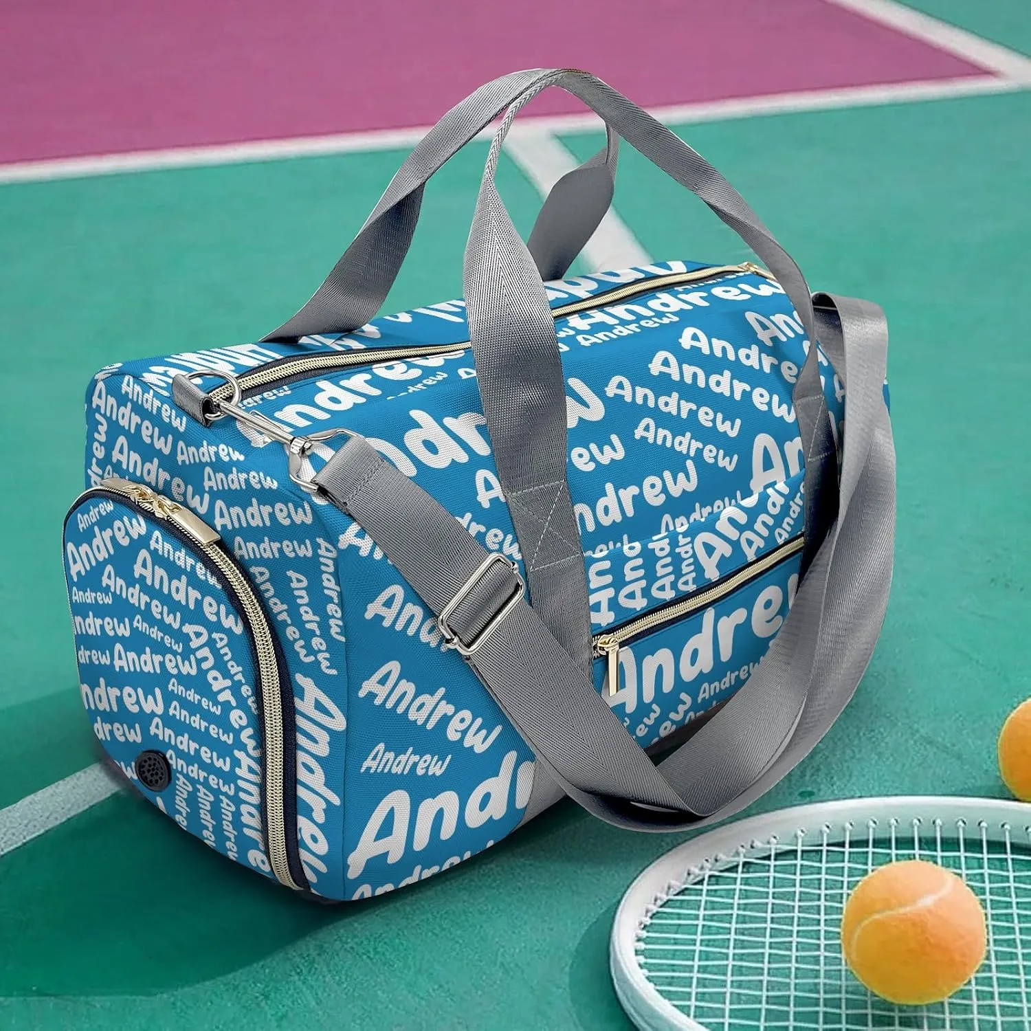 Personalized Sports Gym Bag Weekender Overnight Bags Light Blue Customized Travel Duffel Bag with Name Waterproof Luggage Bag for Women