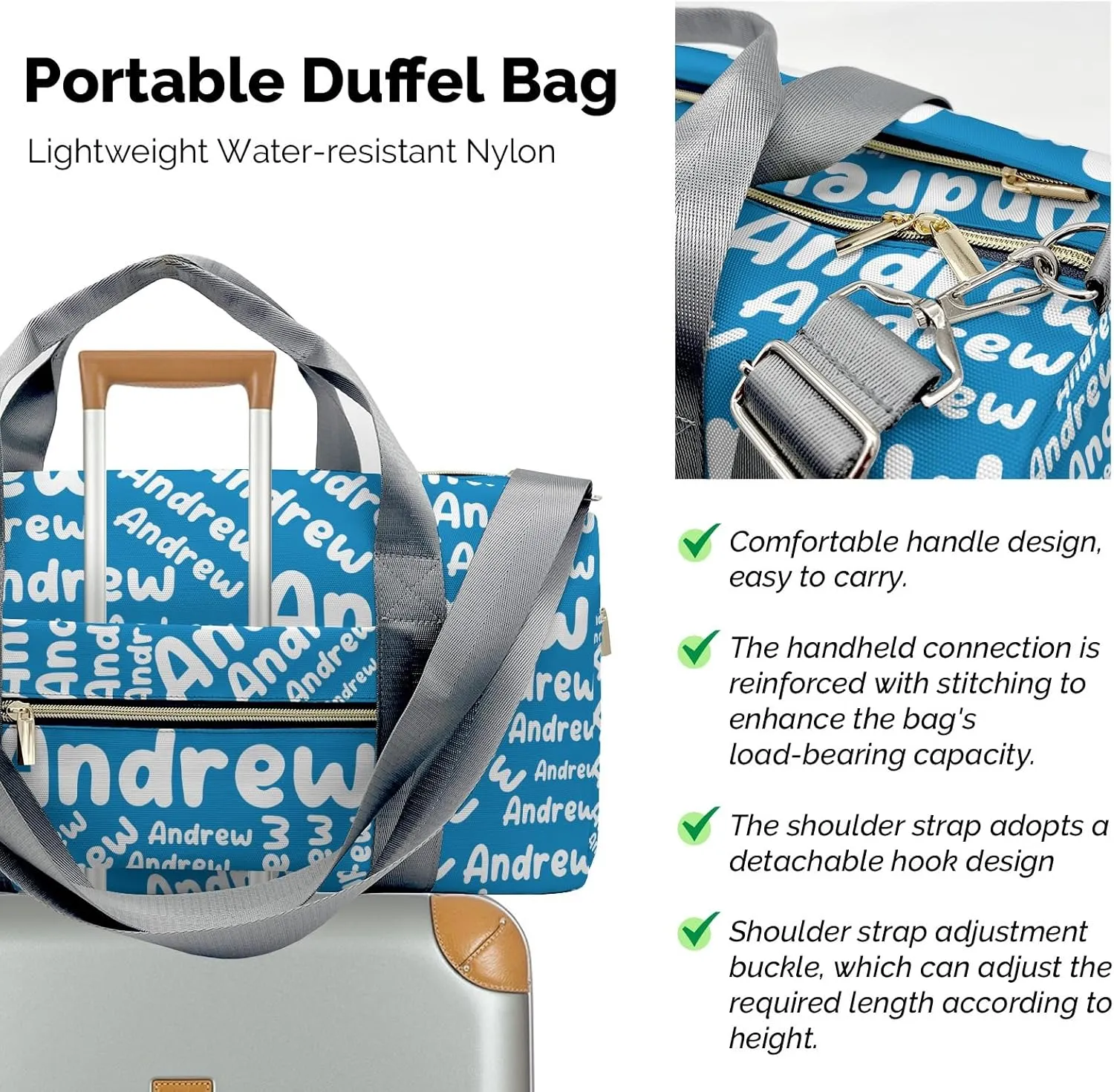 Personalized Sports Gym Bag Weekender Overnight Bags Light Blue Customized Travel Duffel Bag with Name Waterproof Luggage Bag for Women