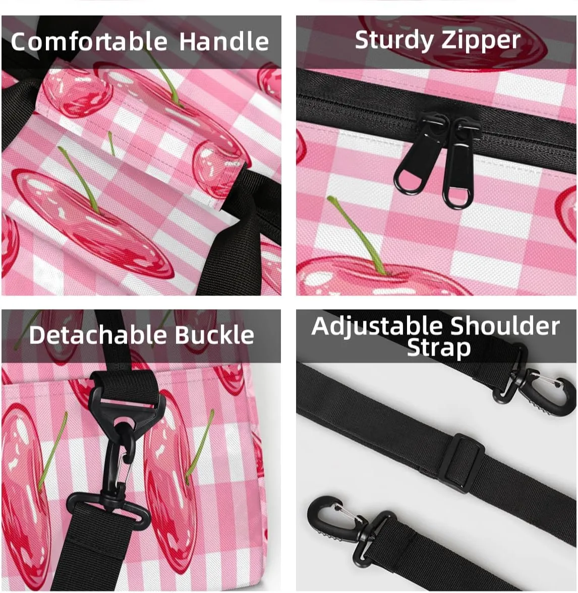 Pink Cherry Mini Gym Bag 18 inch for Women Men Waterproof Custom Cherry Buffalo Plaid Travel Duffel Bag Carry On Overnight Tote Nurse Bag for Work Fitness Hiking