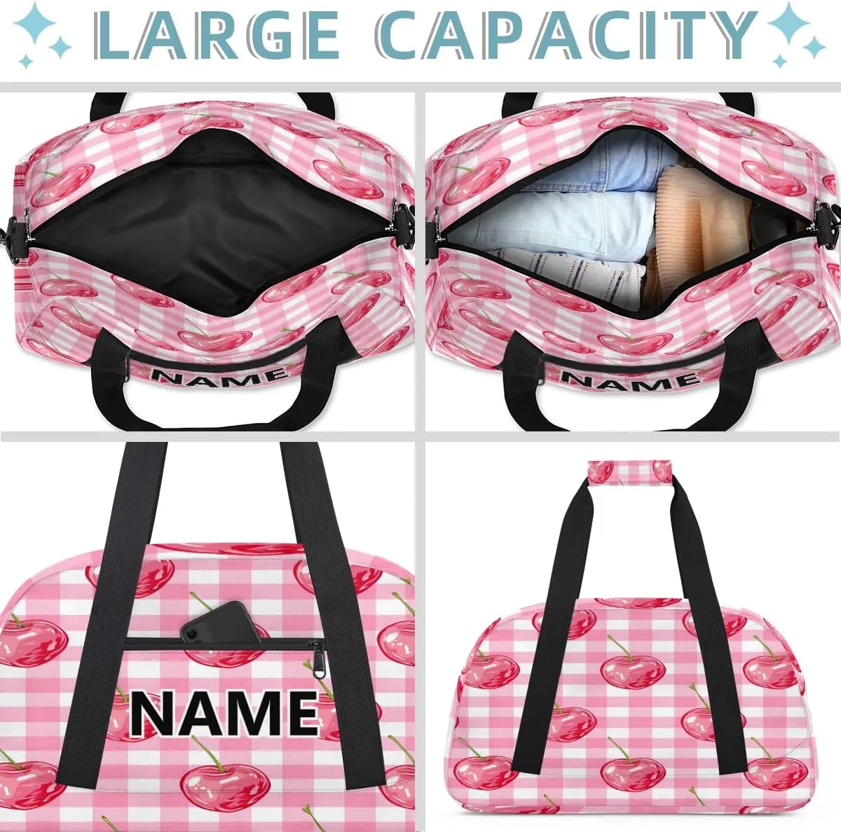Pink Cherry Mini Gym Bag 18 inch for Women Men Waterproof Custom Cherry Buffalo Plaid Travel Duffel Bag Carry On Overnight Tote Nurse Bag for Work Fitness Hiking