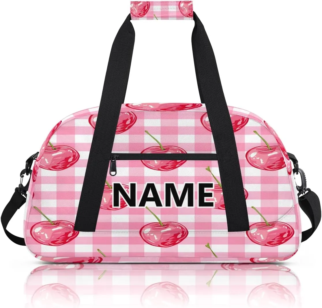 Pink Cherry Mini Gym Bag 18 inch for Women Men Waterproof Custom Cherry Buffalo Plaid Travel Duffel Bag Carry On Overnight Tote Nurse Bag for Work Fitness Hiking