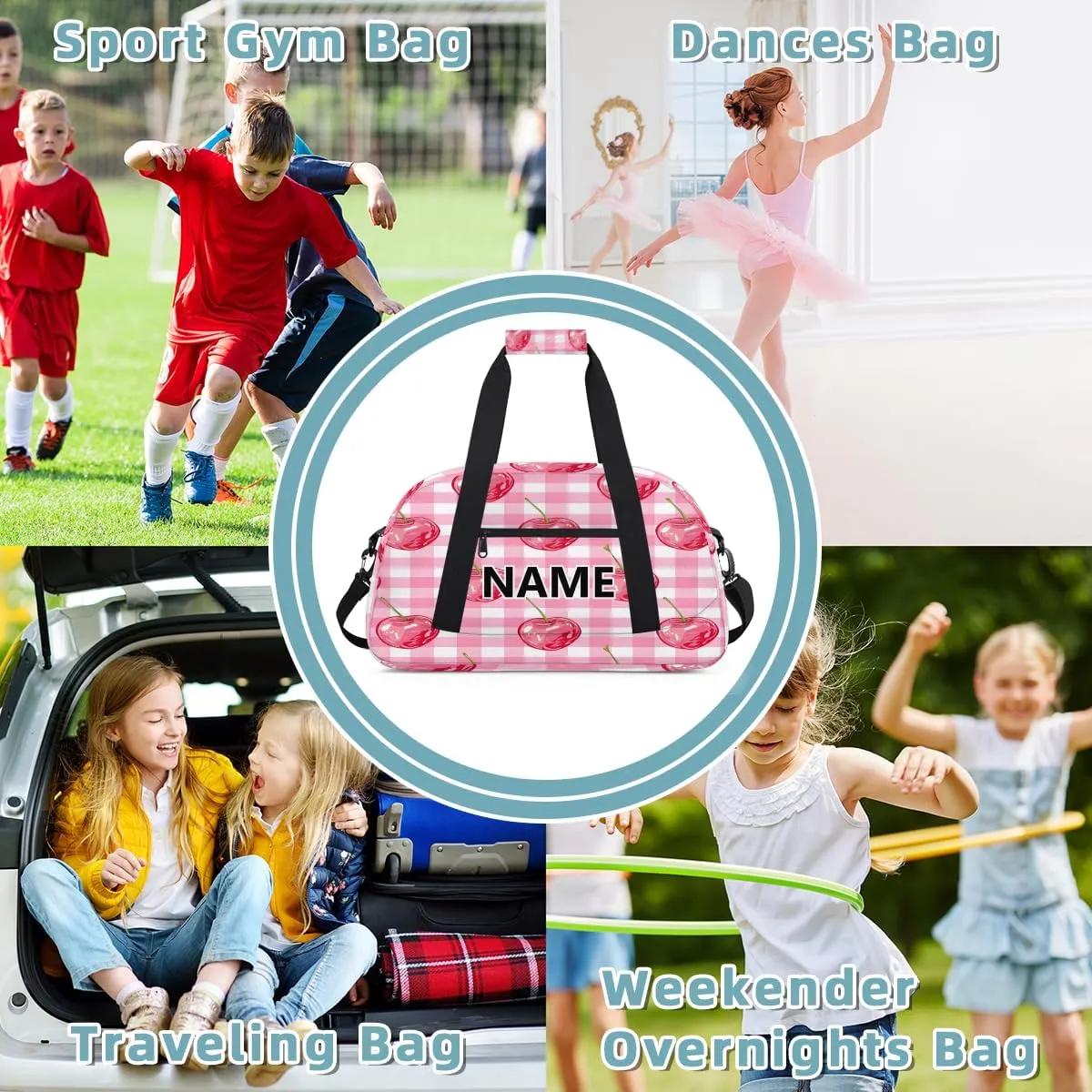 Pink Cherry Mini Gym Bag 18 inch for Women Men Waterproof Custom Cherry Buffalo Plaid Travel Duffel Bag Carry On Overnight Tote Nurse Bag for Work Fitness Hiking