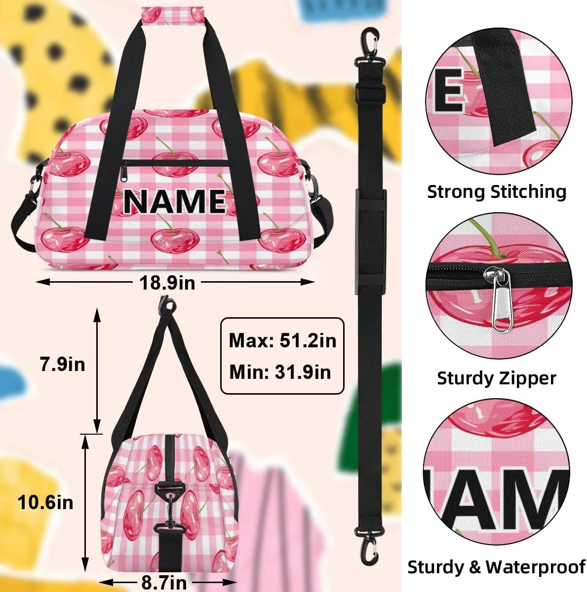 Pink Cherry Mini Gym Bag 18 inch for Women Men Waterproof Custom Cherry Buffalo Plaid Travel Duffel Bag Carry On Overnight Tote Nurse Bag for Work Fitness Hiking