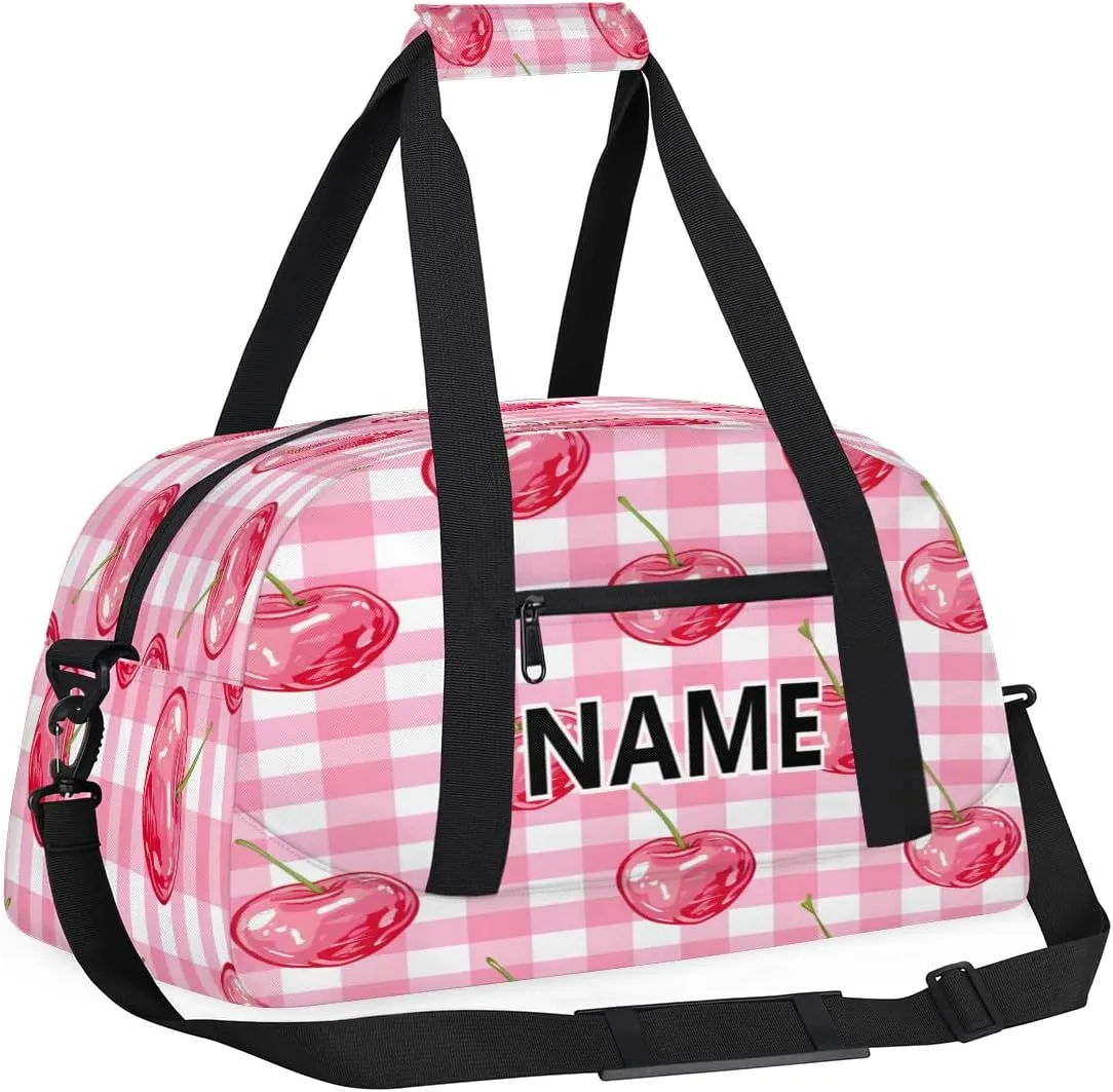 Pink Cherry Mini Gym Bag 18 inch for Women Men Waterproof Custom Cherry Buffalo Plaid Travel Duffel Bag Carry On Overnight Tote Nurse Bag for Work Fitness Hiking
