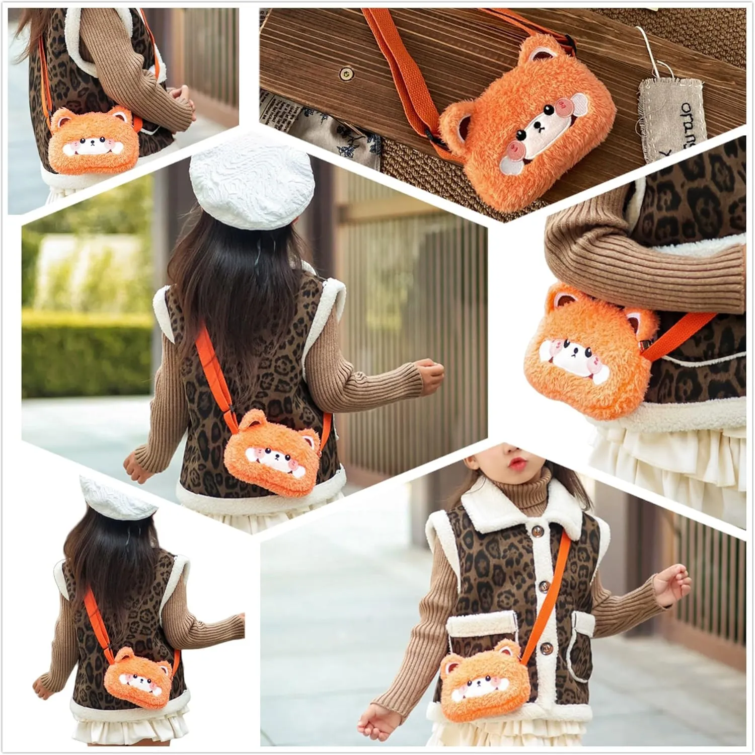 Plush Animal Shoulder Bag Cute Toddler Kids Crossbody Purse Small Coin Purse Messenger Bag for Girls Women,Orange