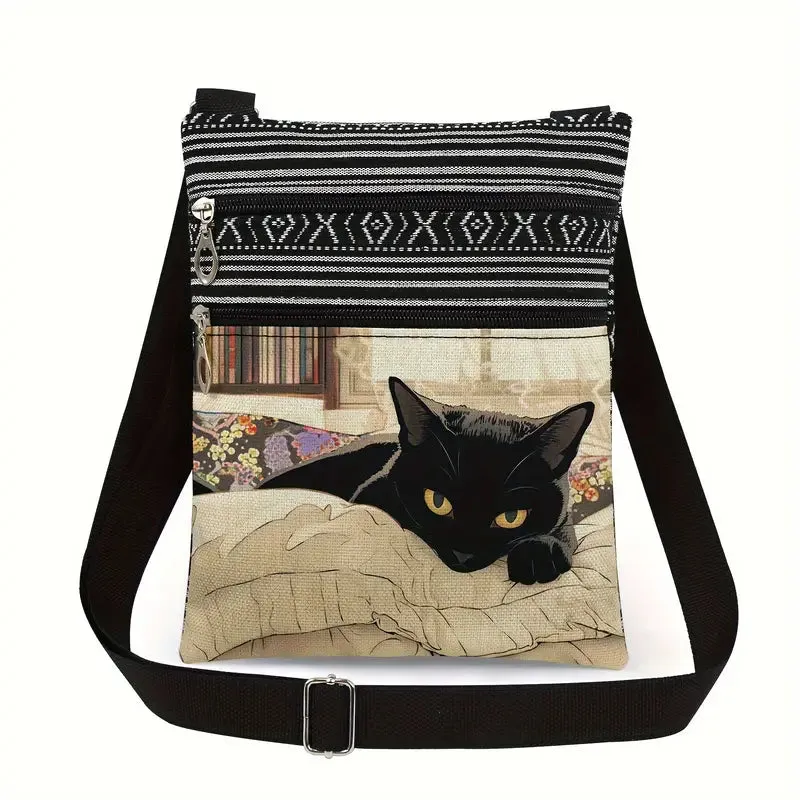 Polyester Casual Cartoon Cat Print Crossbody Bag with Adjustable Strap