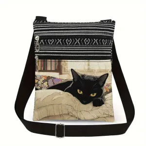 Polyester Casual Cartoon Cat Print Crossbody Bag with Adjustable Strap