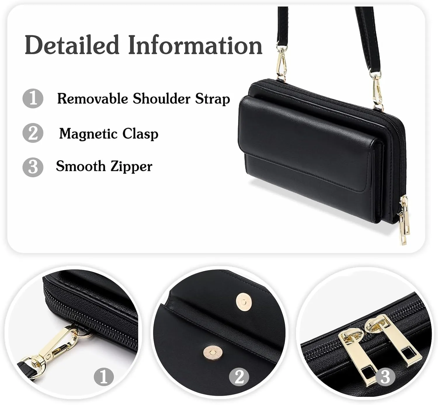 PORRASSO Touch Screen Crossbody Phone Bag Fashion Wallet Women's Shoulder Bag Clutch RFID Blocking Purse PU Wallet for Party Wedding Travelling Black