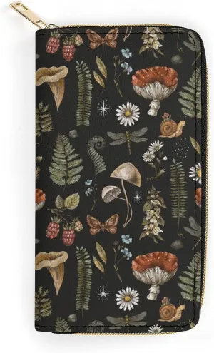 Portable Travel Wallet for Women, Witchy Mystery Vintage Magic Mushrooms Fall Leaf Floral Pu Leather Travel Long Purse Waterproof Large Capacity Multiple Card Holder Wallet