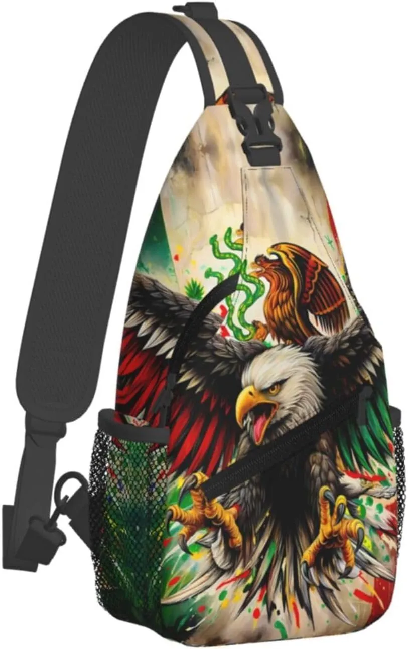 Powerful Mexican Art Eagle Flag Crossbody Bags Sling Backpack Cross Chest Bag Sports Shoulder Bag Gym Fanny Pack Adjustable Cycling Daypack Diagonally Rucksack for Running