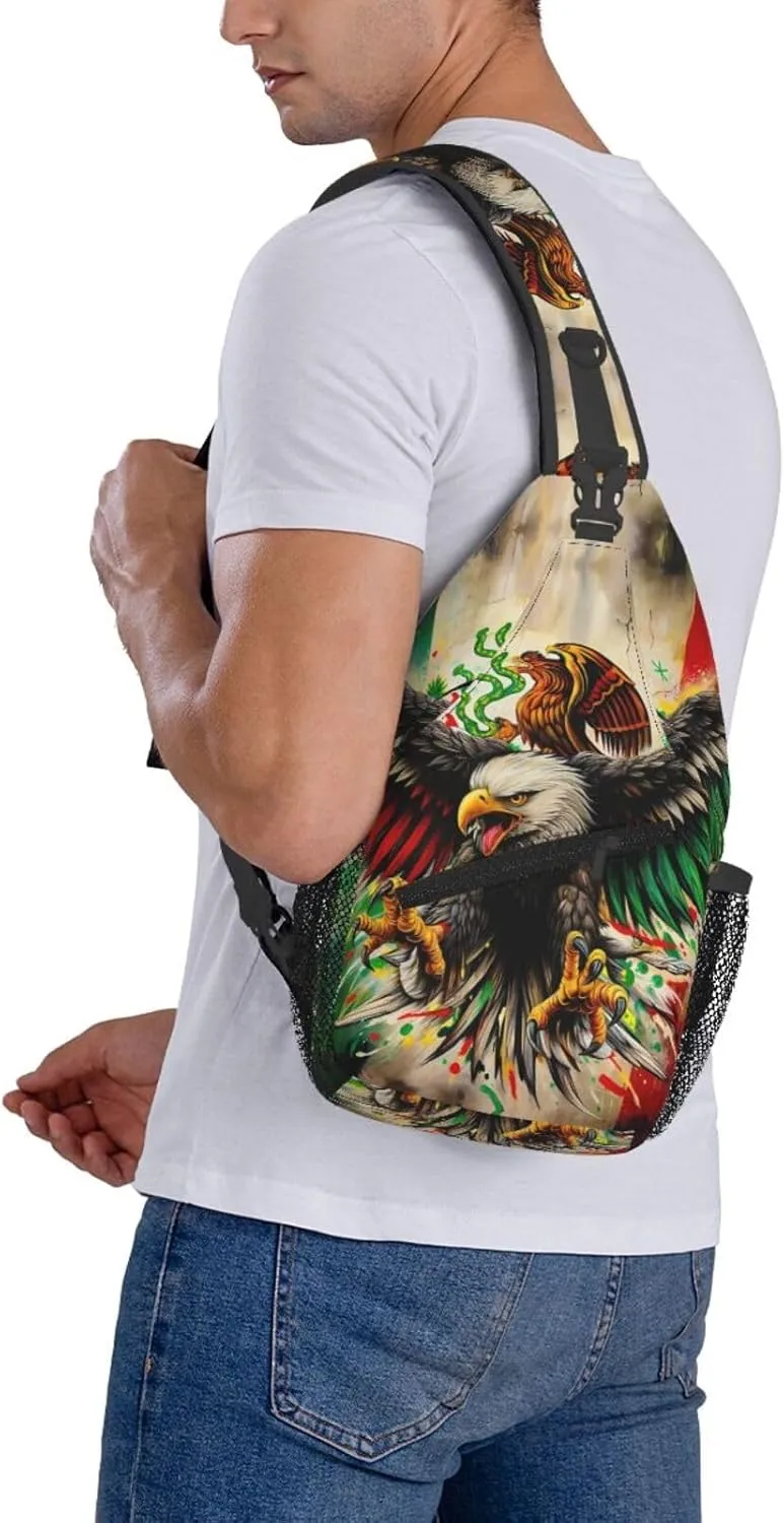 Powerful Mexican Art Eagle Flag Crossbody Bags Sling Backpack Cross Chest Bag Sports Shoulder Bag Gym Fanny Pack Adjustable Cycling Daypack Diagonally Rucksack for Running